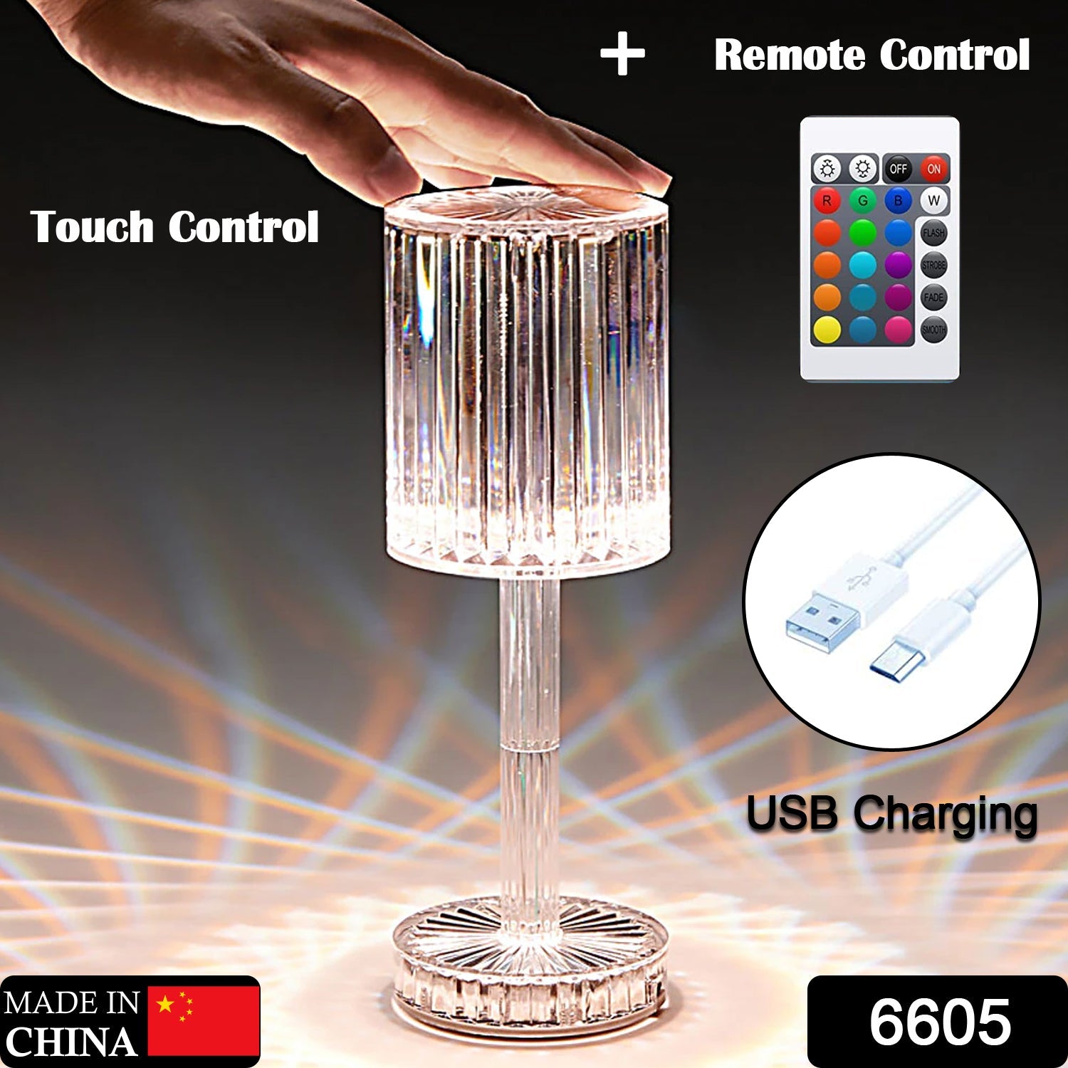 Crystal Table Lamp , Touch Control Atmosphere Nightstand Lamp With USB Charging Line - view 2