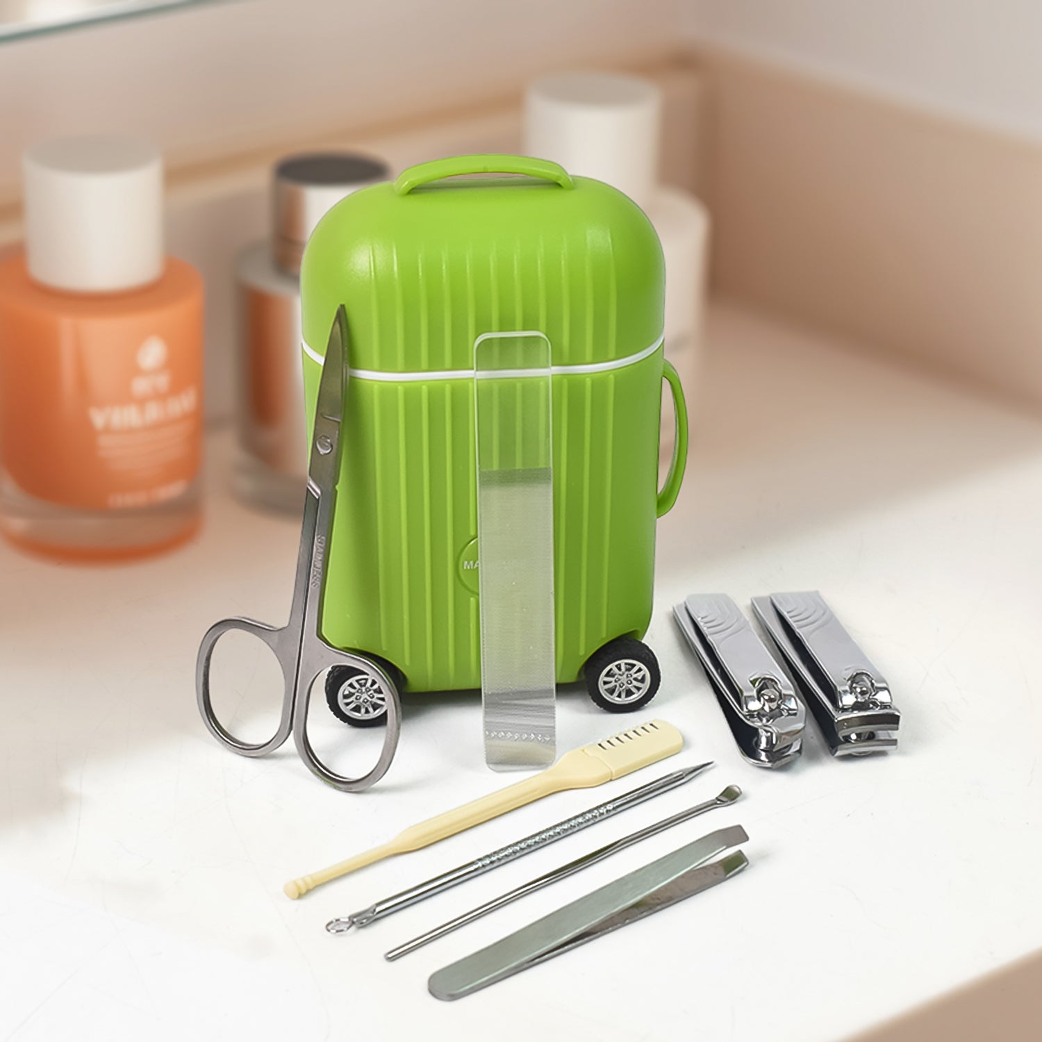 Manicure & Pedicure Kit – 8 Pc Grooming Set with 4-Wheel Suitcase Trolley