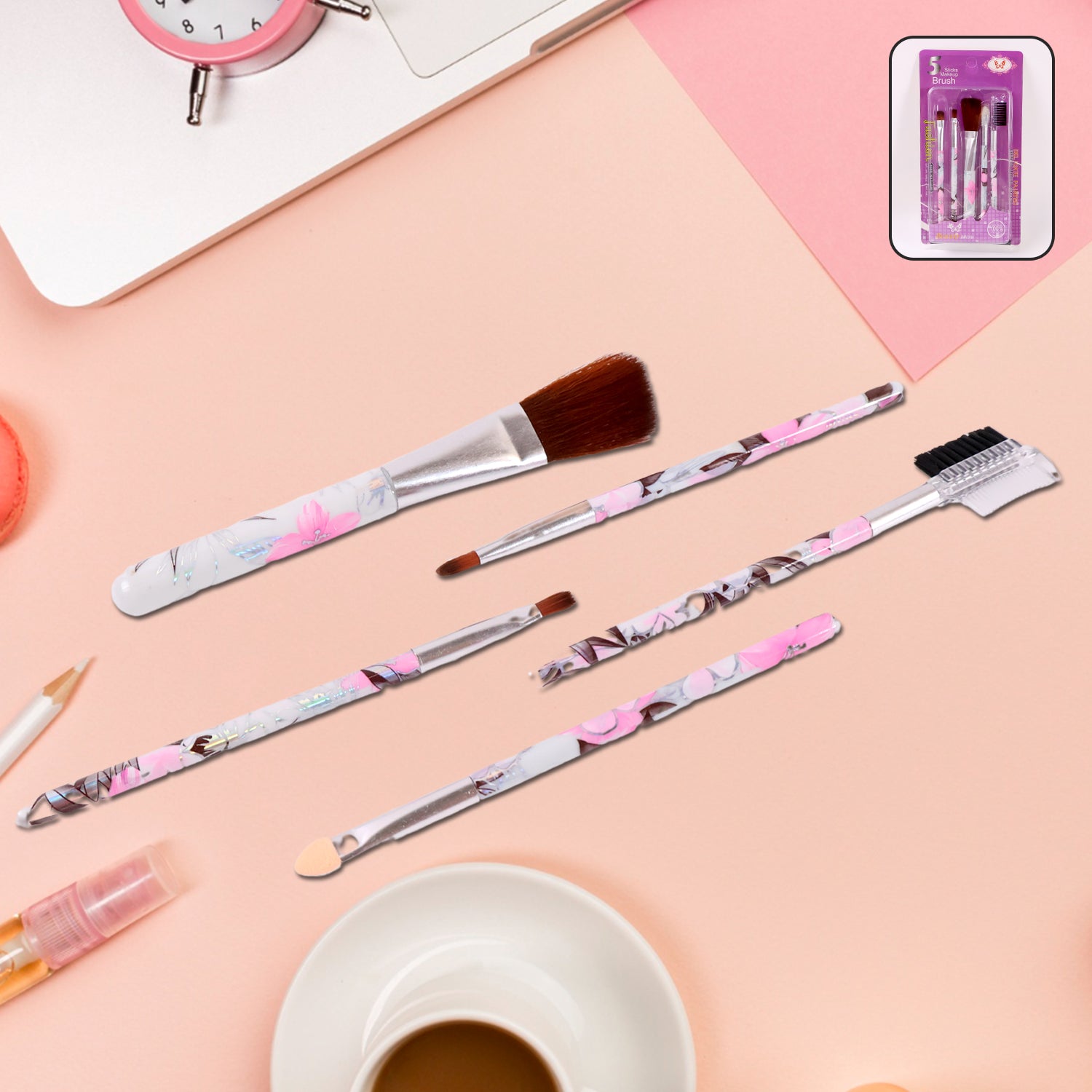 Floral Makeup Brush Set for Eyes, Lips, and Face (5 Pc)