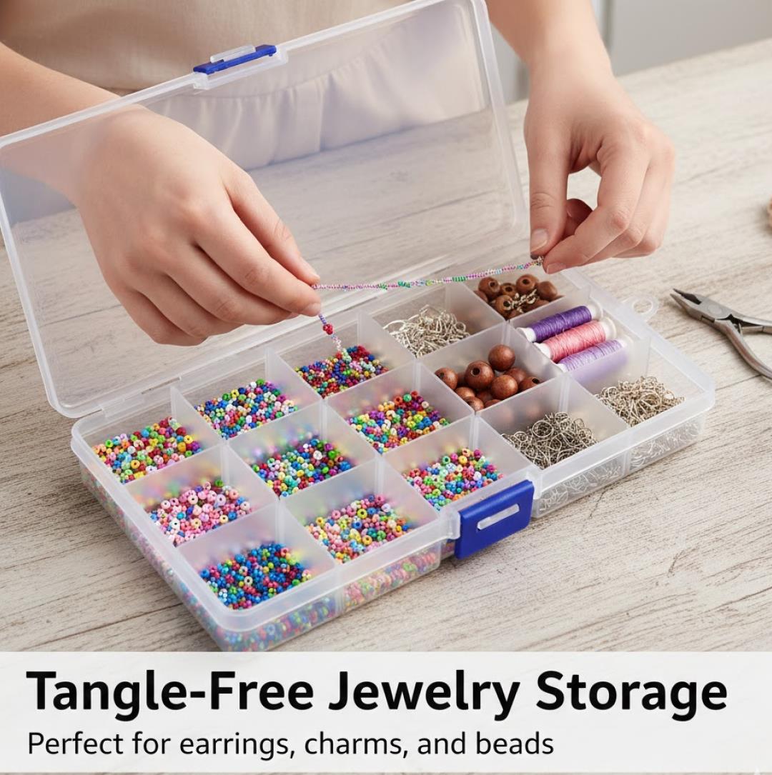15-Grid Clear Plastic Jewelry Organizer Box with Dividers (1 Pc) - view 2
