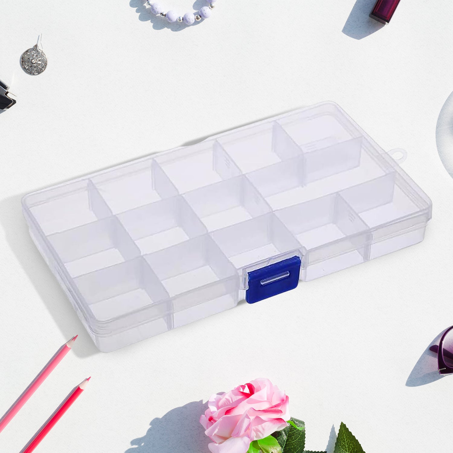 15-Grid Clear Plastic Jewelry Organizer Box with Dividers (1 Pc)