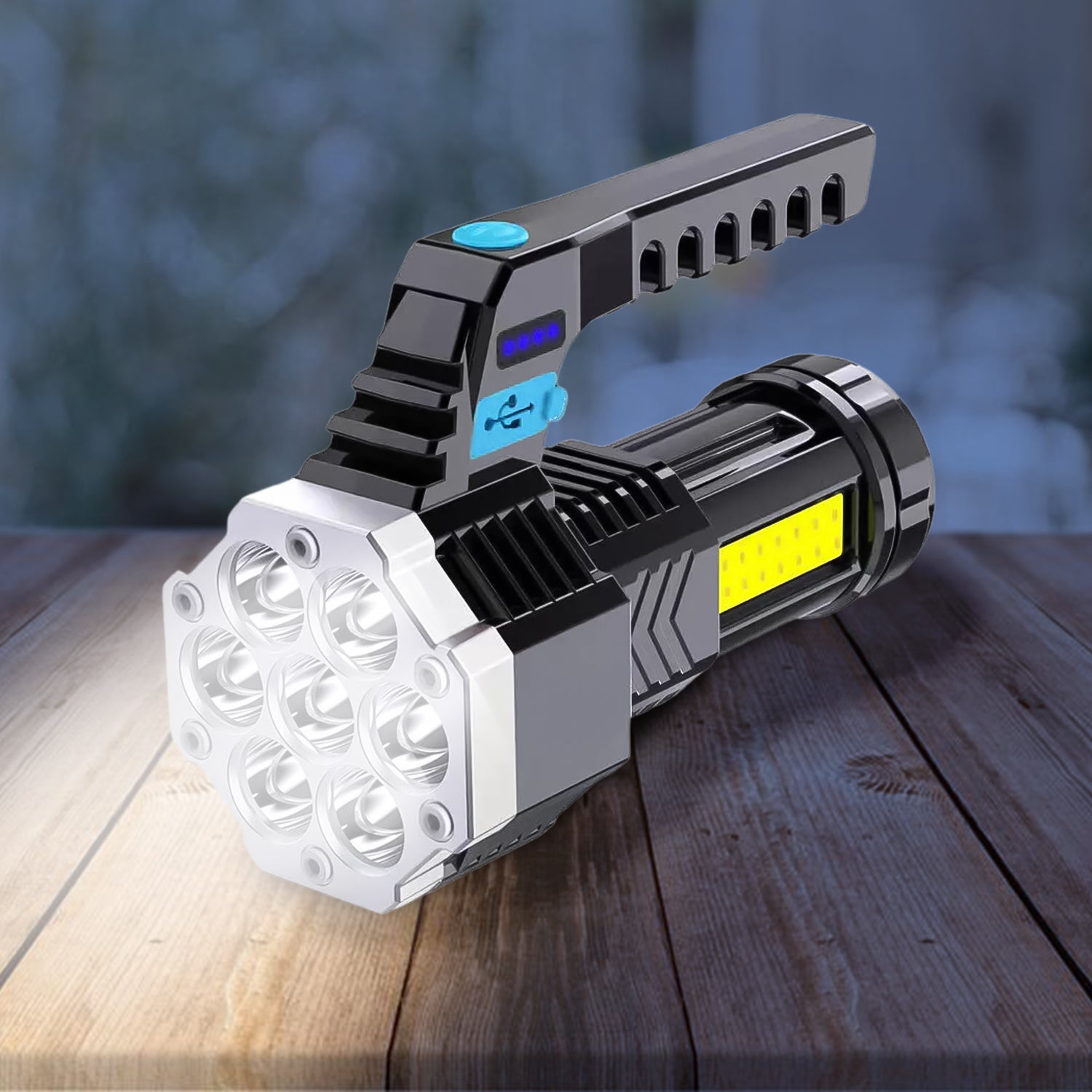 Portable COB 7LED USB Rechargeable Flashlight / Torch with Side Light (1 Pc)