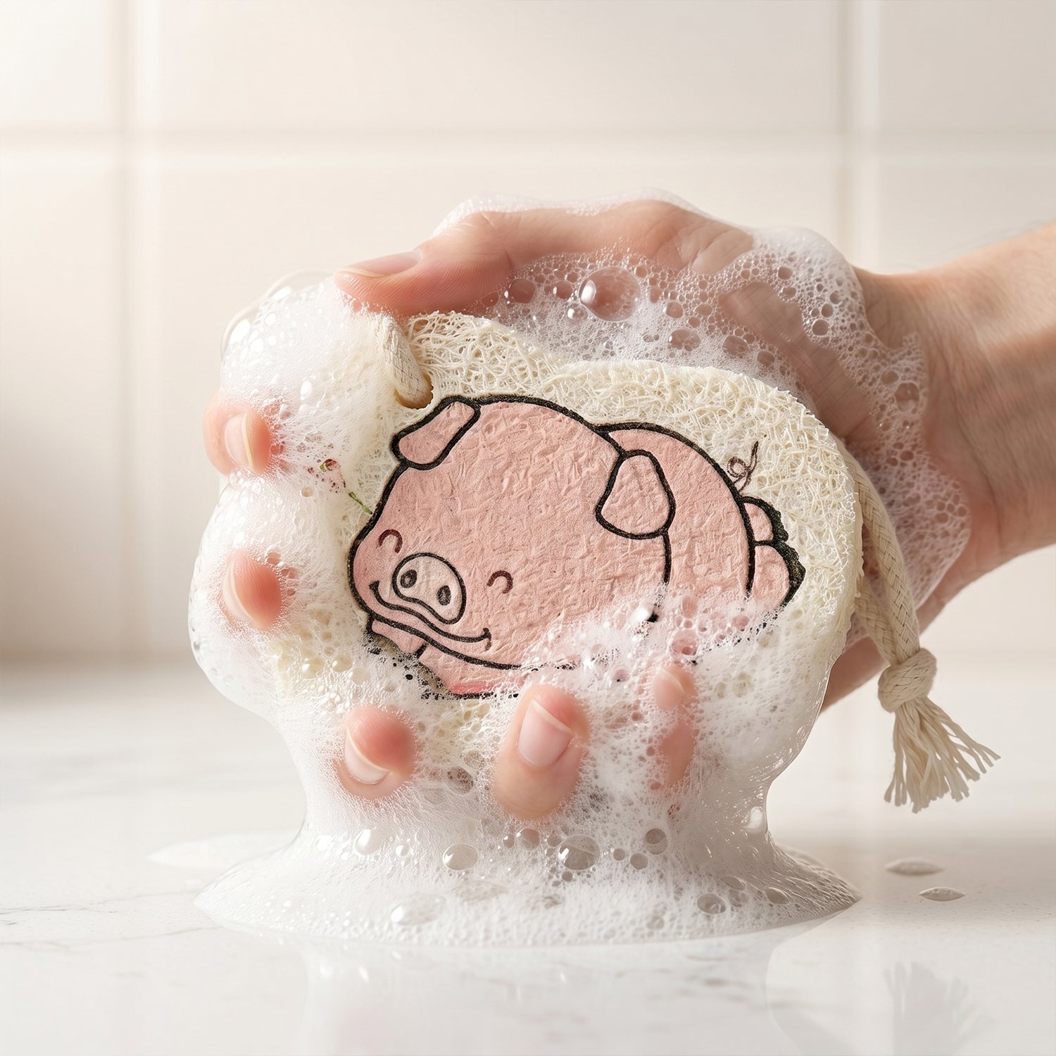 Cartoon Printed Bath Scrubber Sponge with Hanging Rope (1 Pc) - view 5