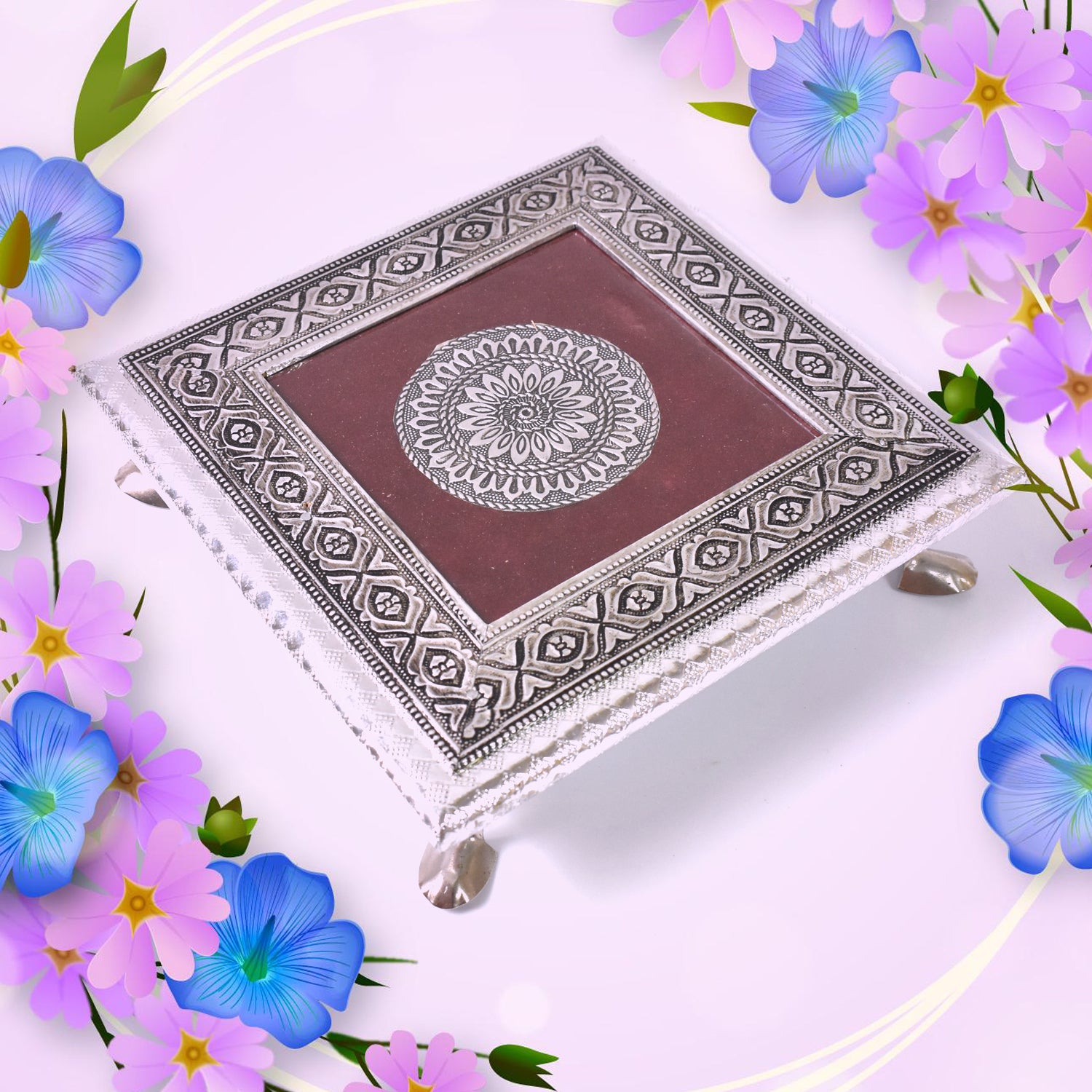 Silver - Square Pooja Chowki Patla / Bajot (20×20 CM / 1 Pc) - view 4