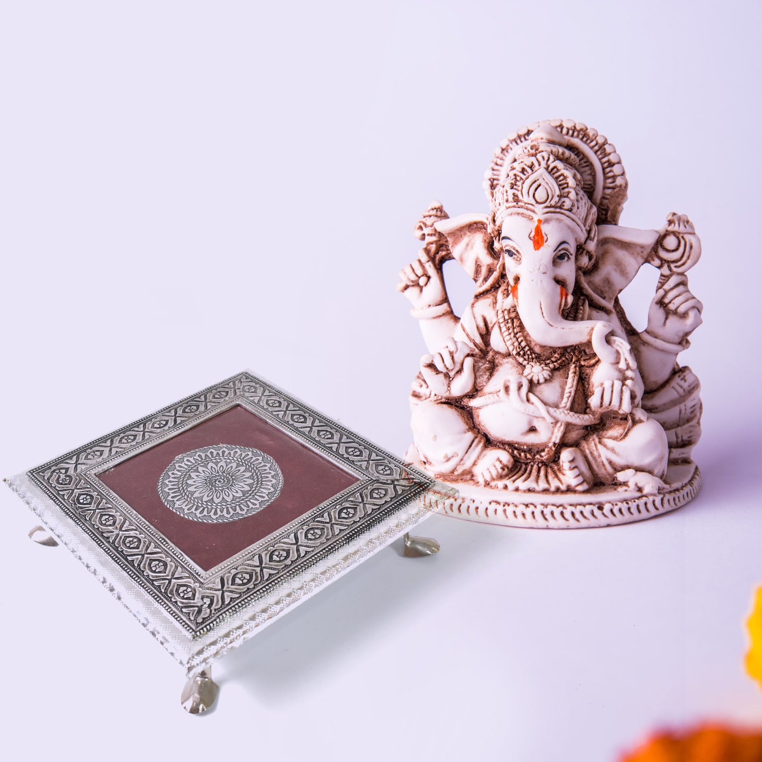 Silver - Square Pooja Chowki Patla / Bajot (20×20 CM / 1 Pc) - view 7