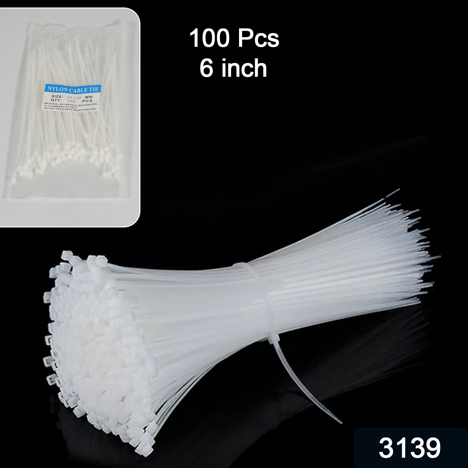 6Inch Nylon Self Locking Cable Ties, Heavy Duty Strong Zip Wire Tie. Pack of 100 - view 2
