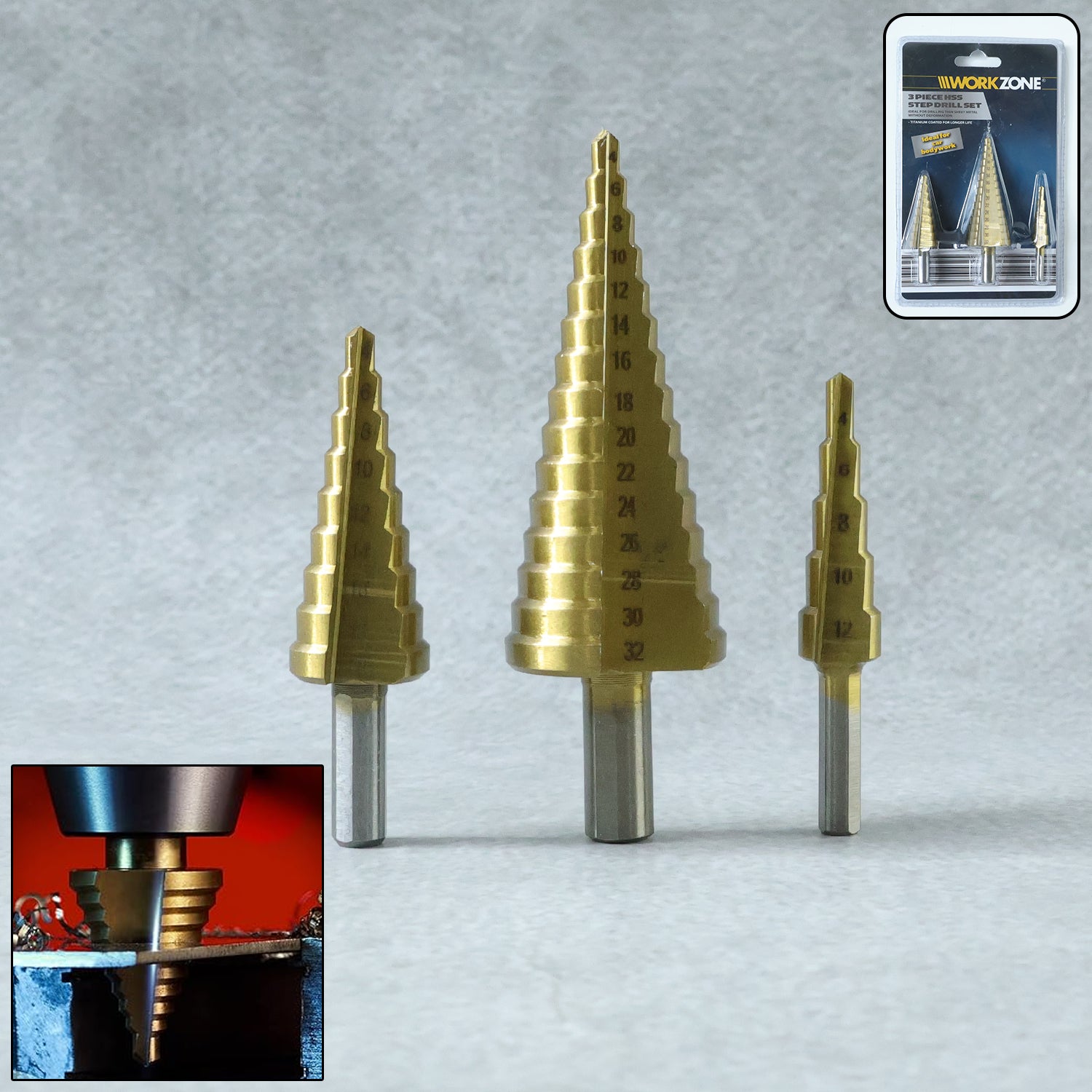 3X Large HSS Steel Step Cone Drill Titanium Bit Set Hole Cutter (4-32, 4-20, 4-12mm)