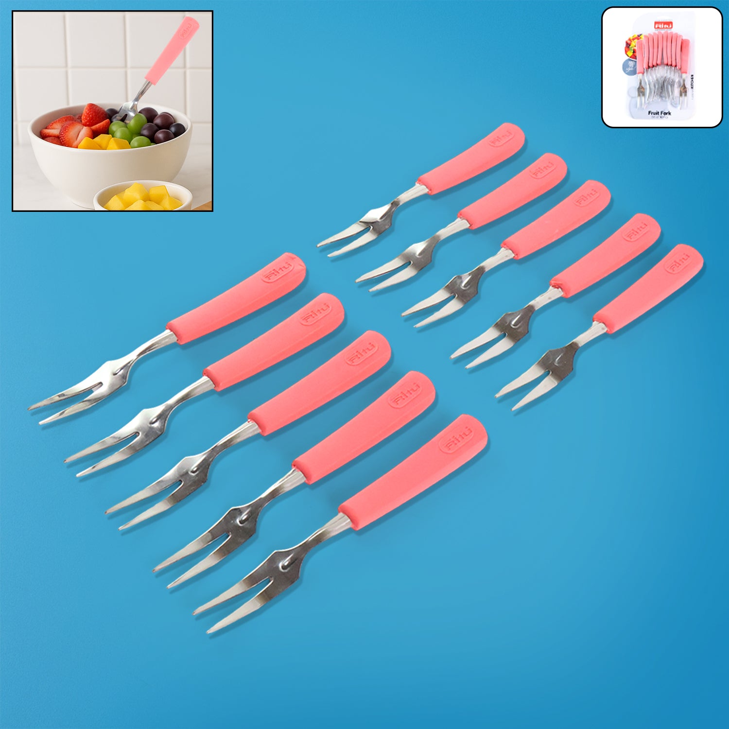 Premium Stainless Steel Fruit Fork Set – 10 Pieces with Soft Non-Slip Handle