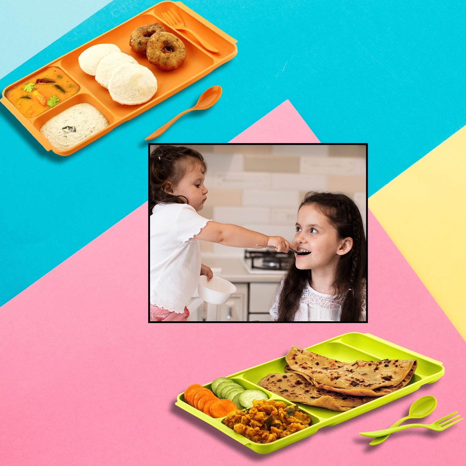 4-Compartment Plastic Dish Set with Spoon & Fork – Versatile Dinner & Pav Bhaji Plate