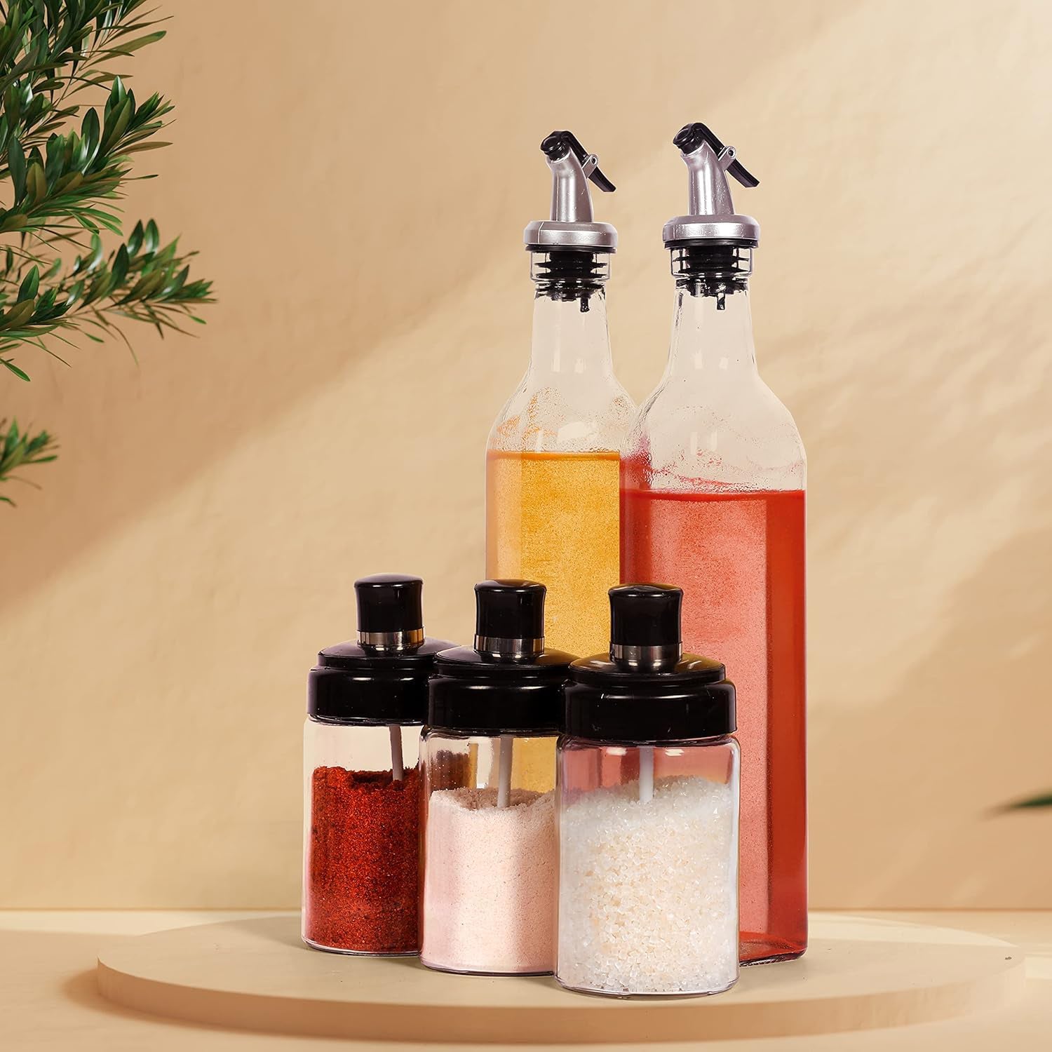 Transparent Glass Oil Dispenser 500 ML Bottle Set of 2, Spice Jar 250 ML Set of 3, Oil Bottle for Kitchen, Oi…