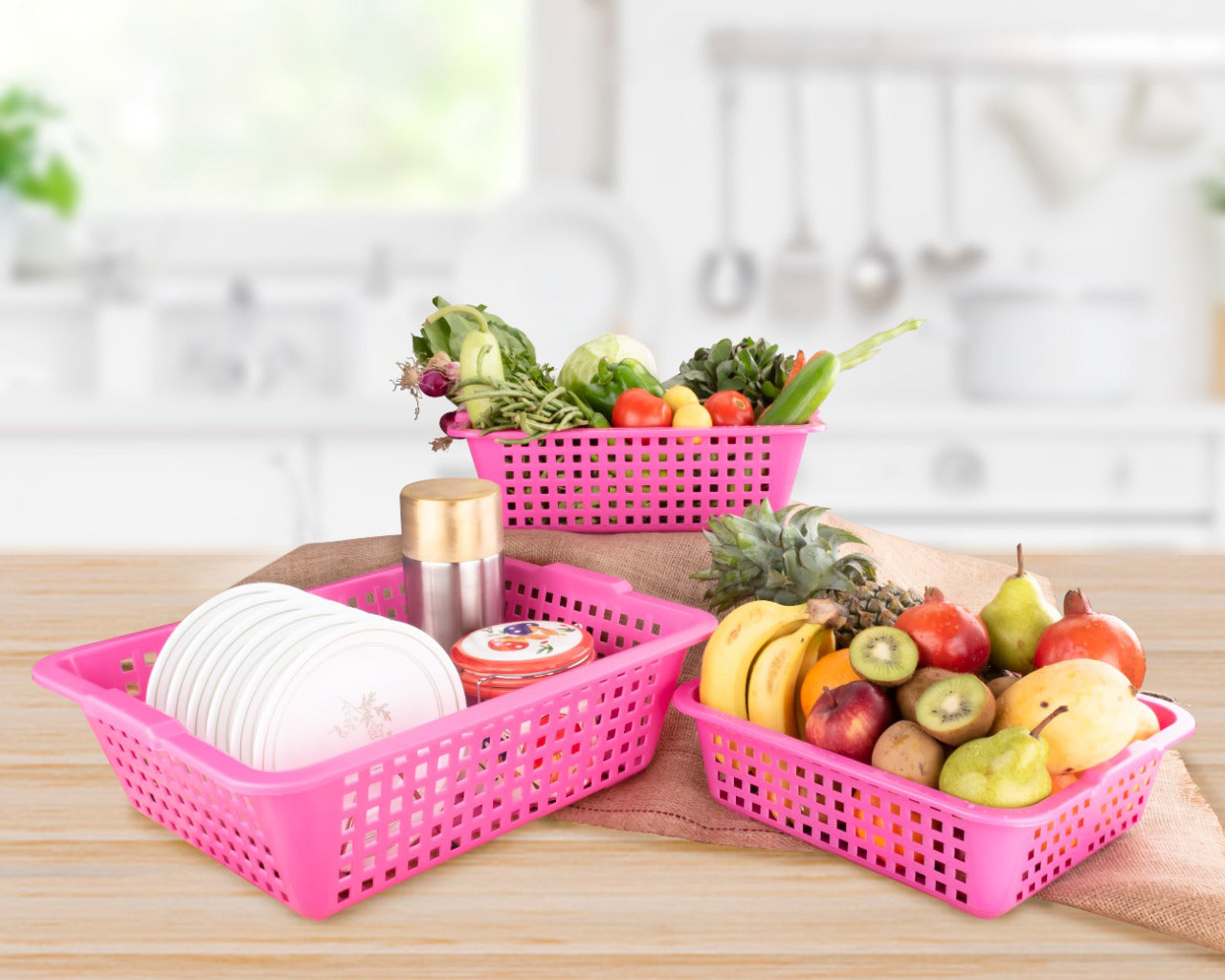 Plastic Multiple Size Cane Fruit Baskets (3 Size Large, Medium, Small)