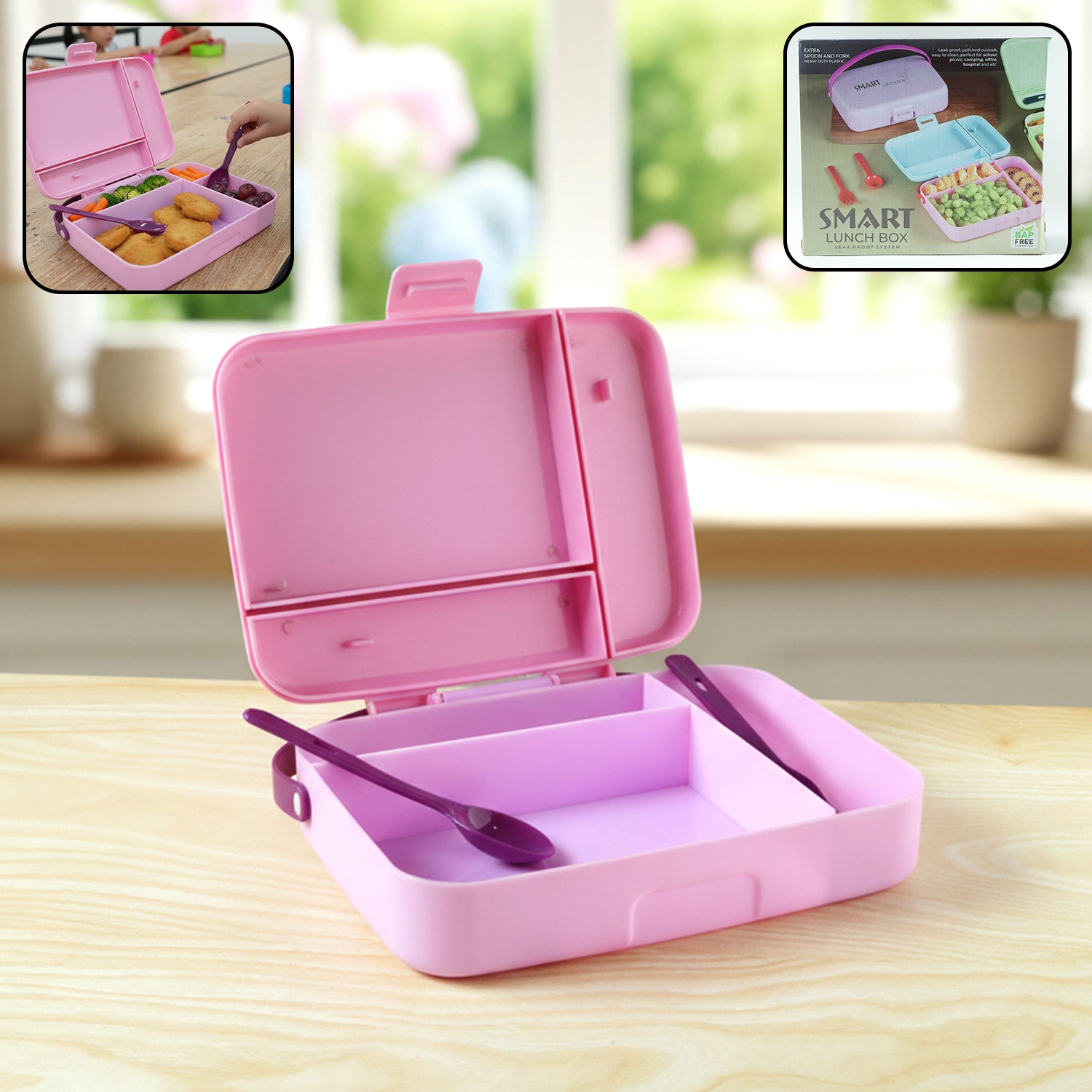 Smart Leak Proof Lunch Box with 3 Compartments and Spoon Set (1 Set)