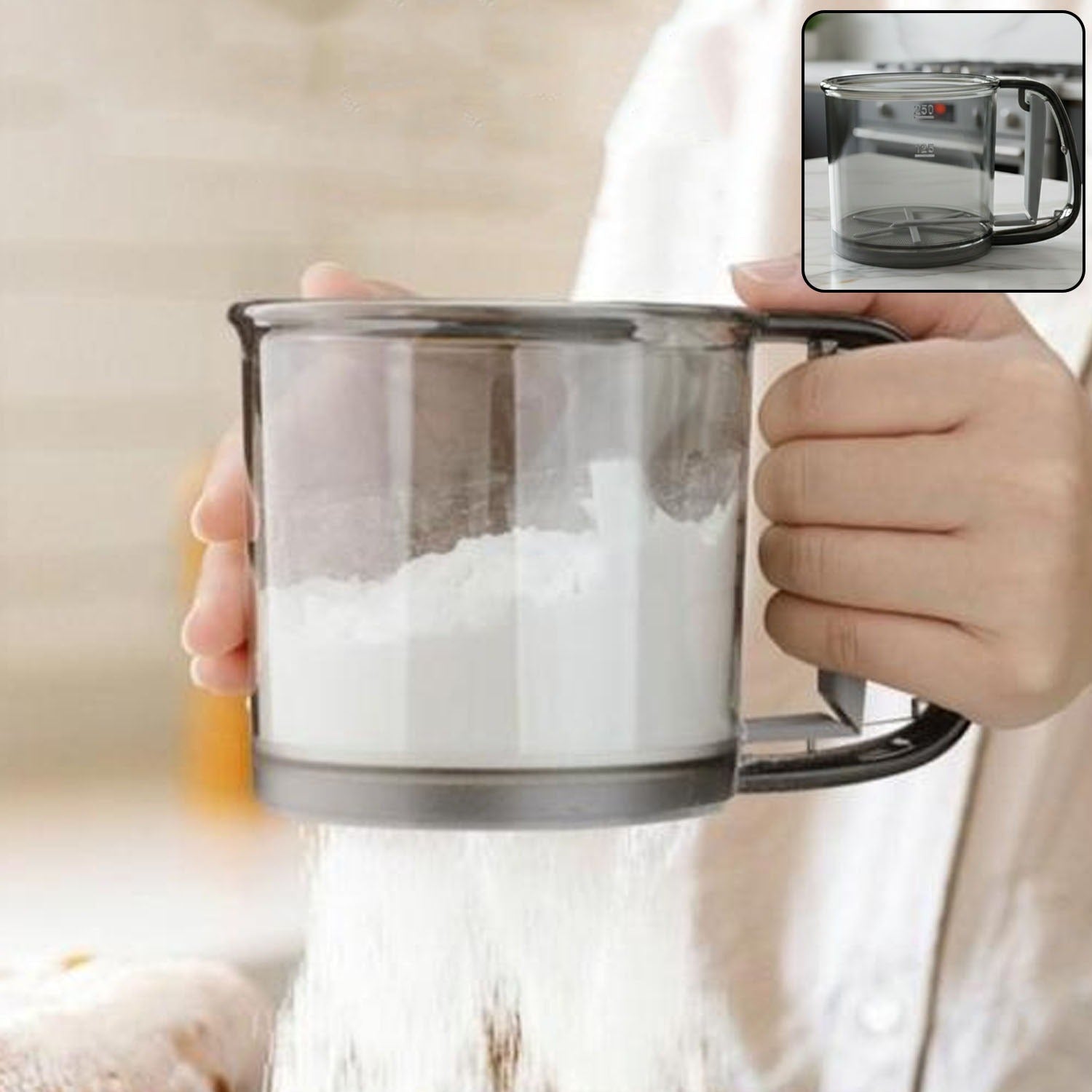 Plastic Flour Sieve Cup with Handle and Fine Mesh Filter for Kitchen Baking