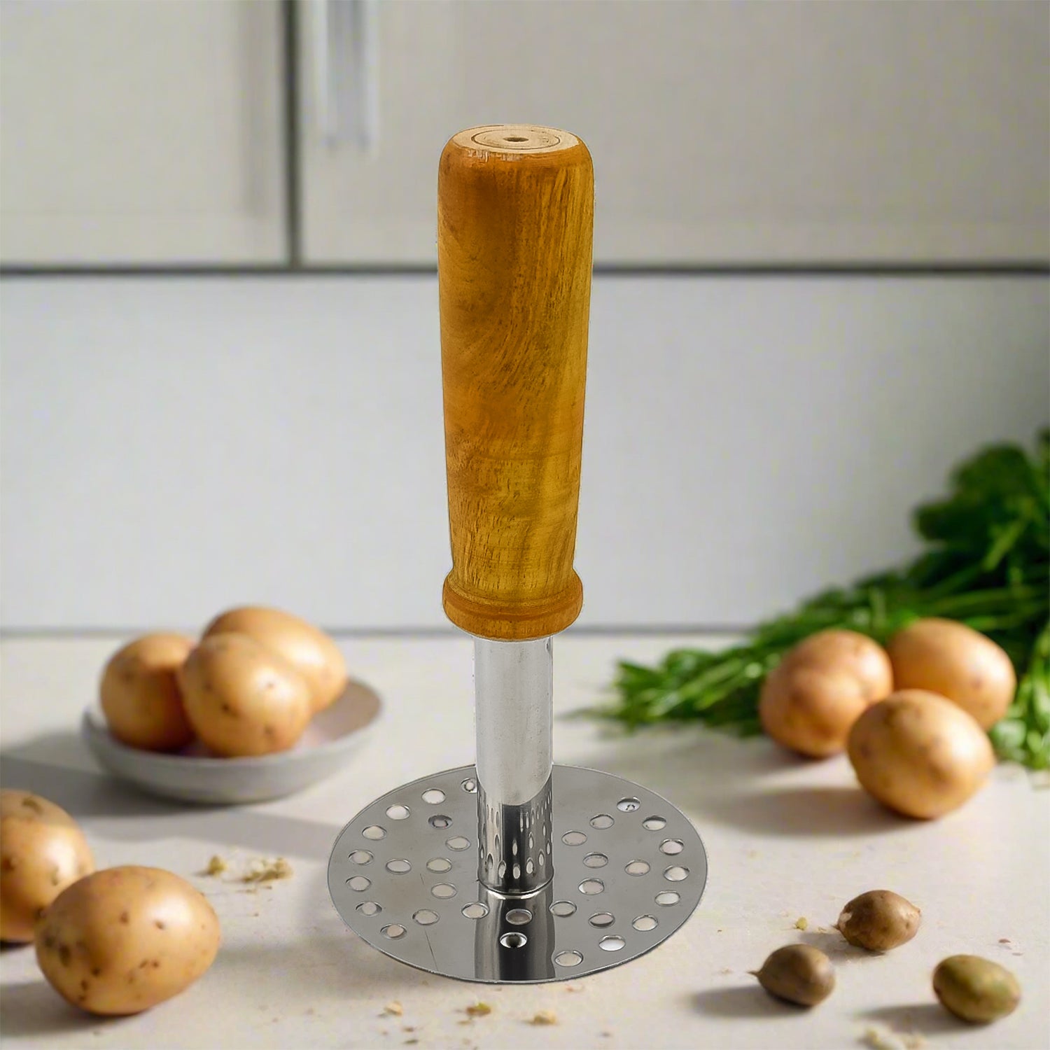 Stainless Steel Potato Masher / Pav Bhaji Masher with Wooden Handle (1 Pc)