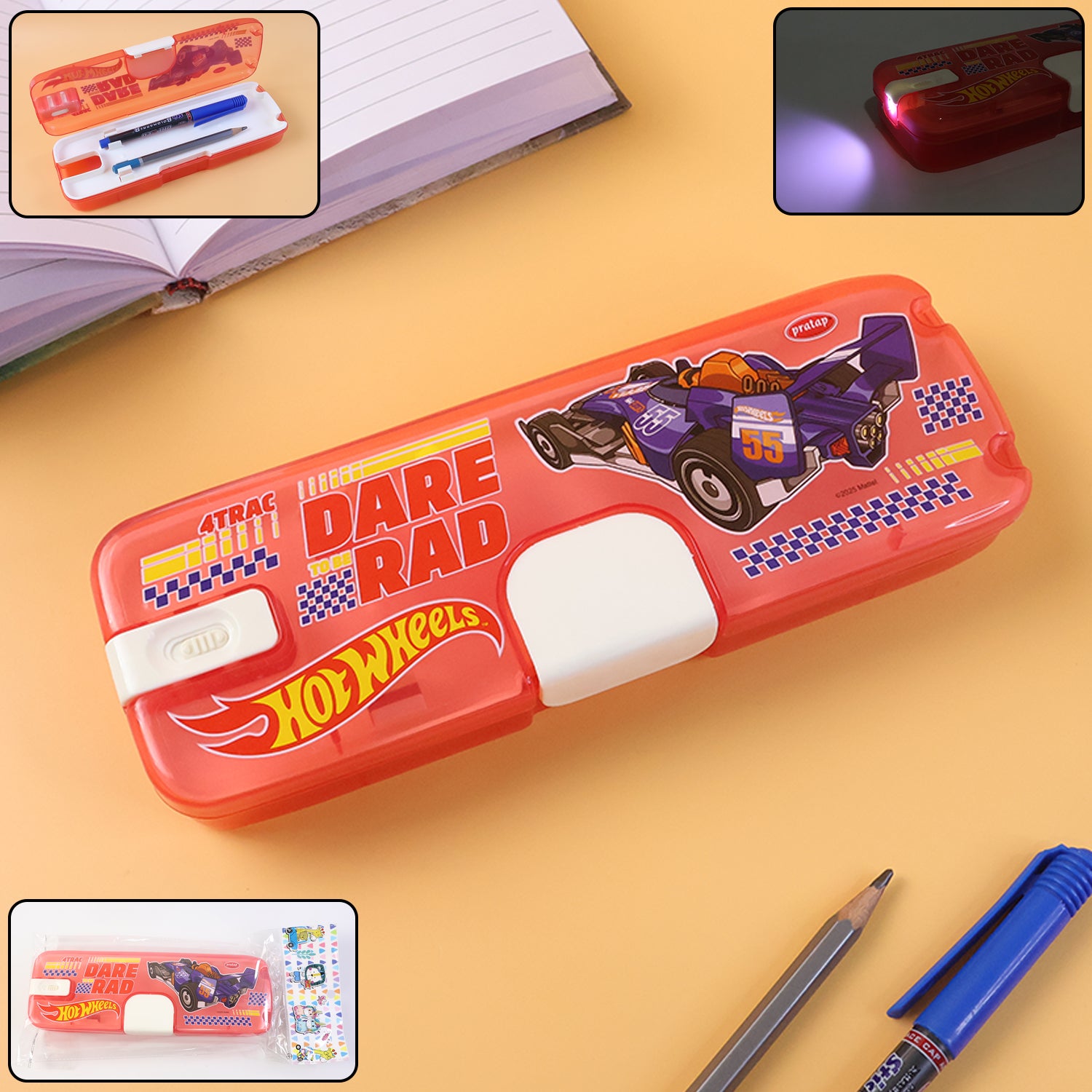 Plastic Pencil Box with LED Light & Cartoon Print (1 Pc)