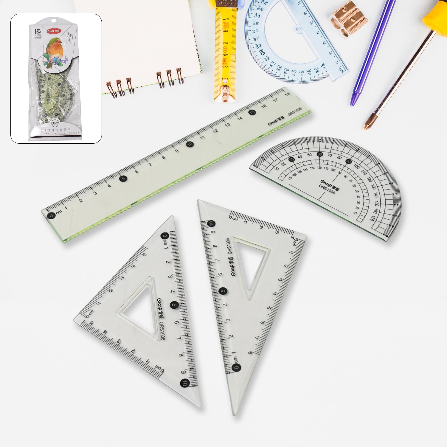 4-Piece Geometry Set, Triangle Ruler Protractor Straight Ruler