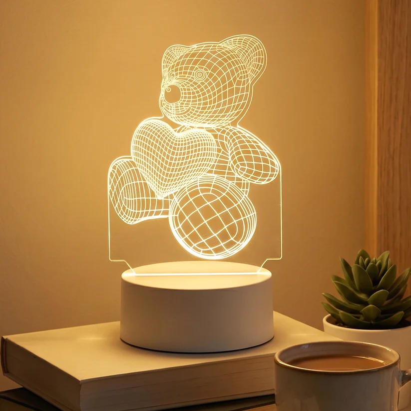 3D Teddy Bear LED Night Lamp with Heart Design – USB Powered