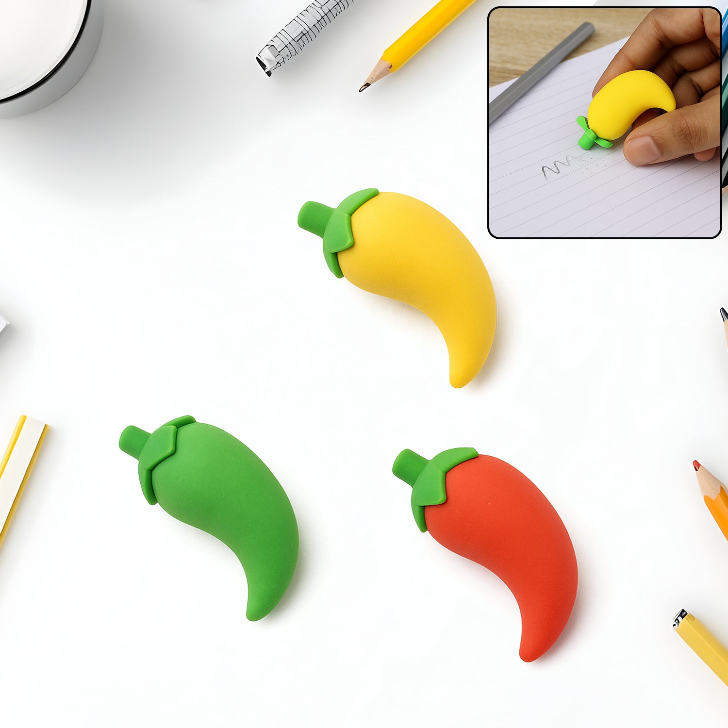 3D Fancy Colorful Chili Shape Erasers – Mini Novelty Eraser Set (3 Pc)