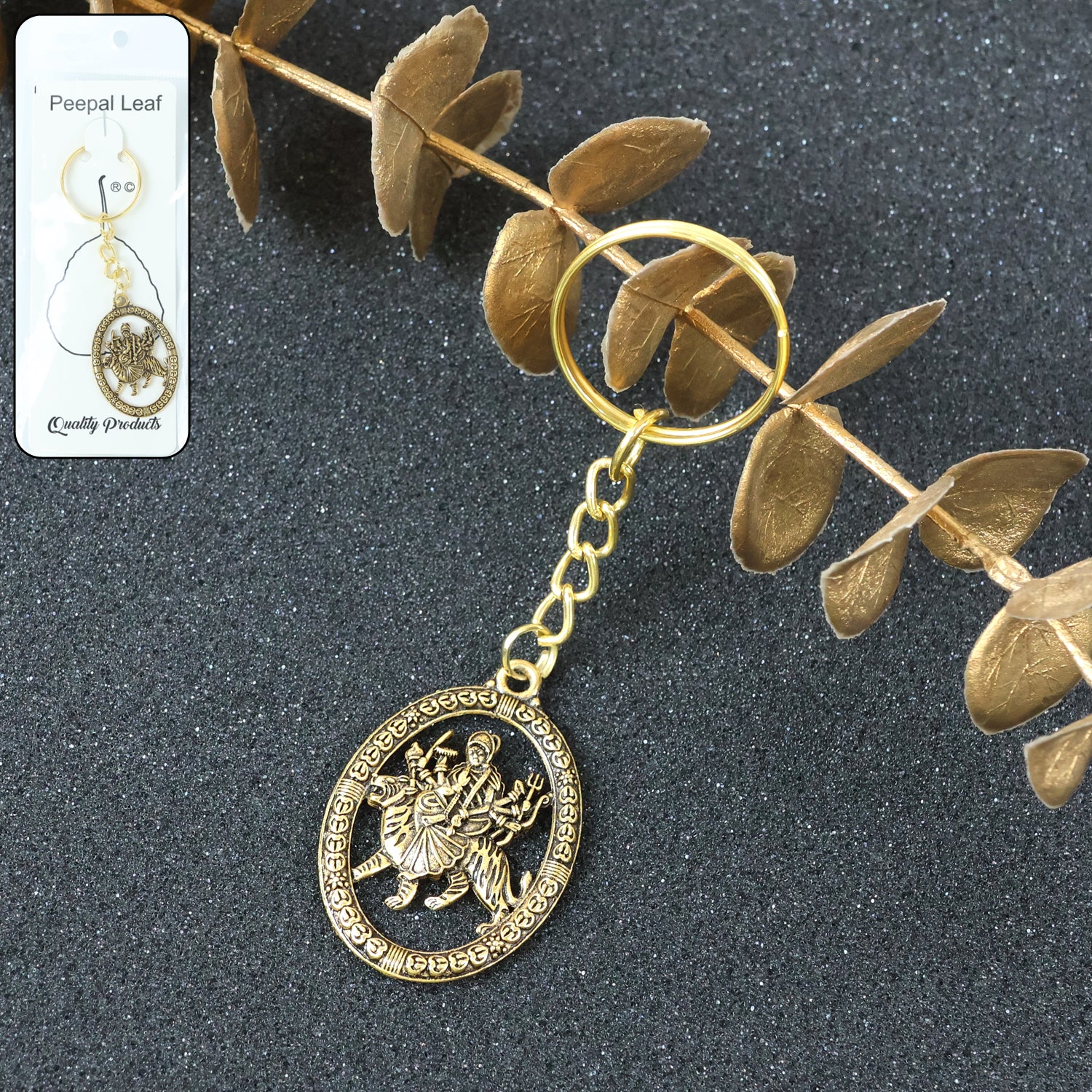 Maa Durga Oval Frame Golden Keychain (1 Pc)