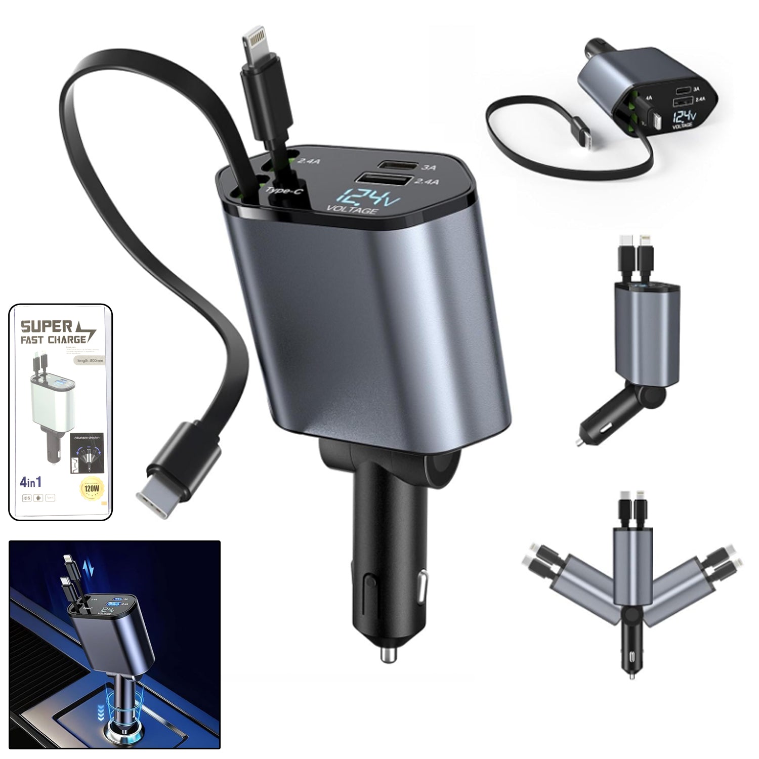 4-in-1 Super Fast Car Charger with Dual Built-In Cables, Dual USB Ports,