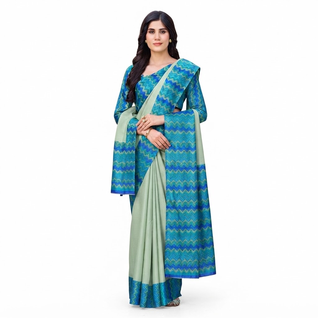 Blue and Green Ikat Pattern Silk Saree with Geometric Weave