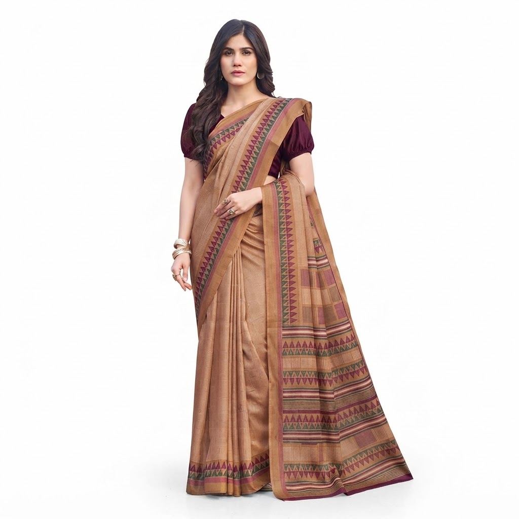 Mustard Yellow Silk Saree with Maroon and Green Geometric Border