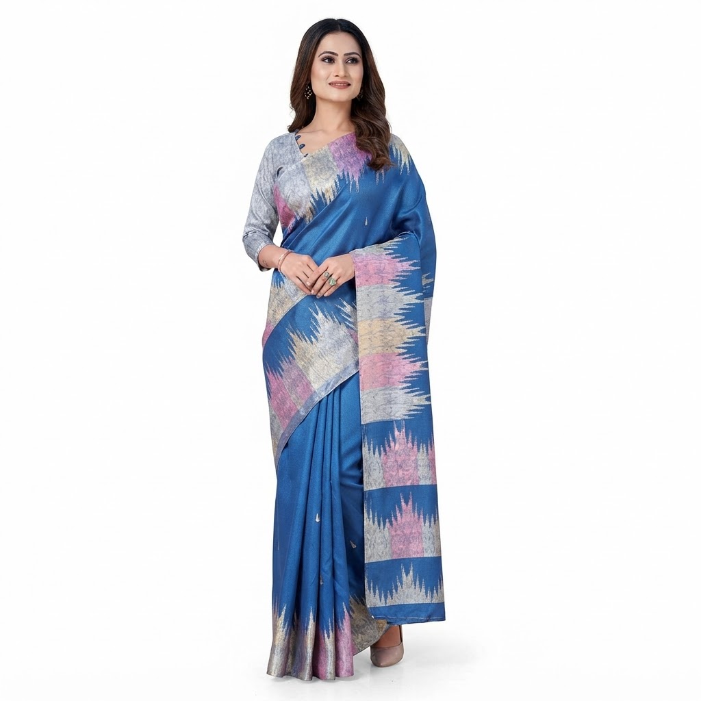 Royal Blue Ikat Silk Saree with Pink & Silver Geometric Pallu