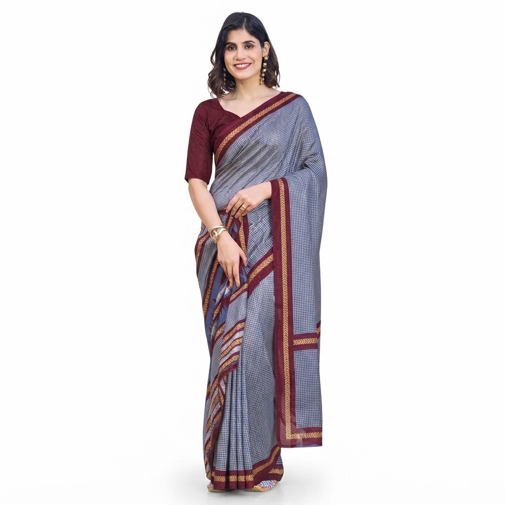Grey and Maroon Checkered Cotton Silk Saree with Zari Border