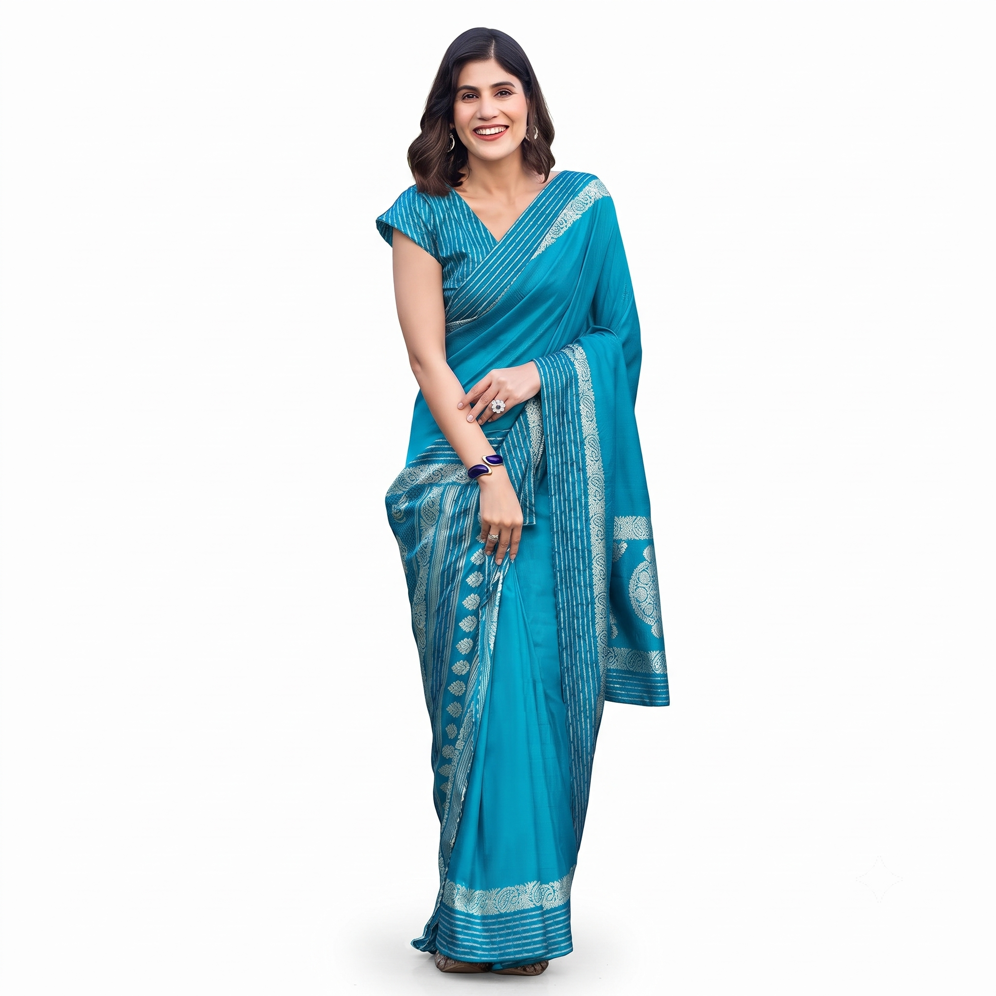 Teal Blue Silk Saree with Silver Zari Border and Motifs