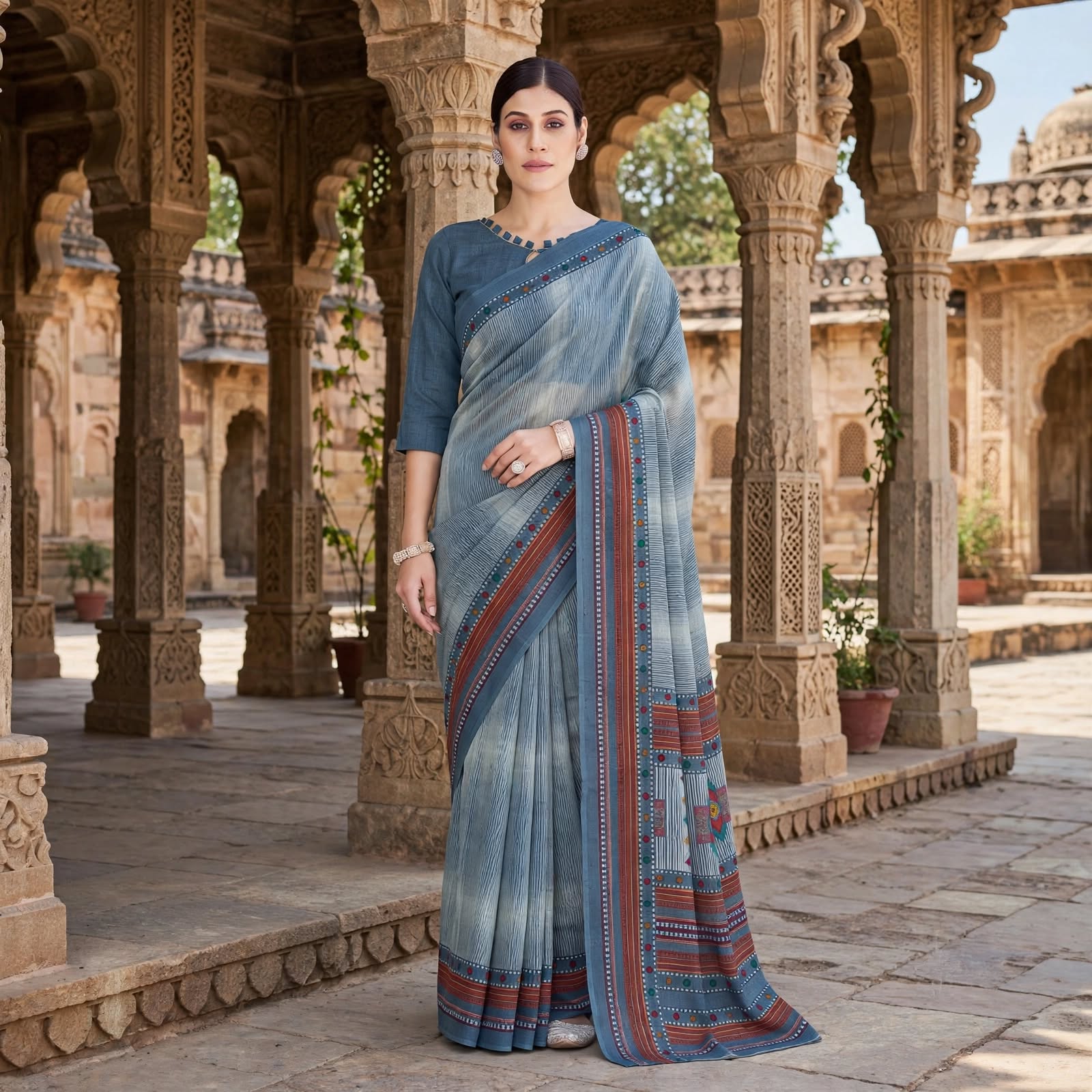 Graceful Grey Striped & Patterned Designer Saree with Blouse Piece