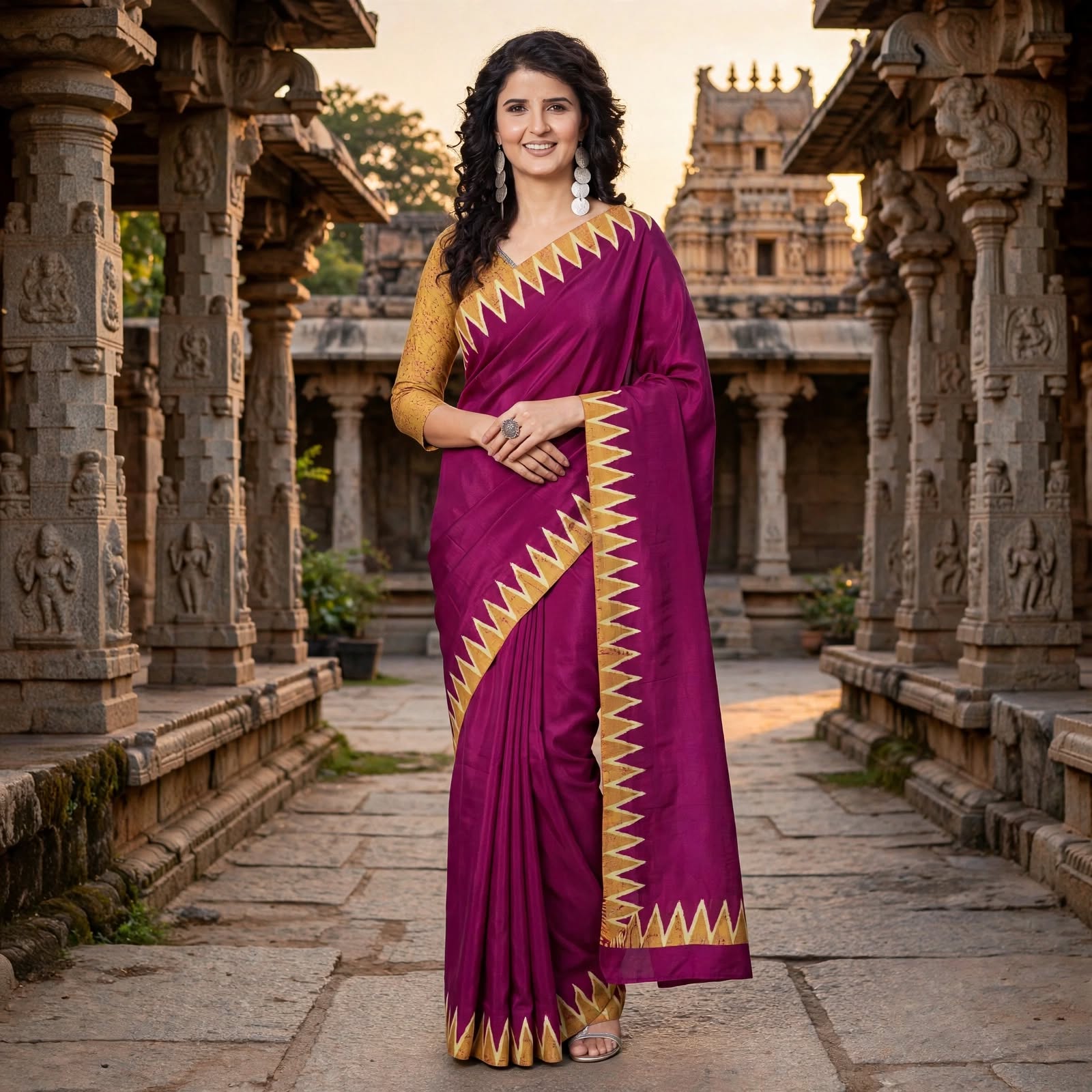 Vibrant Magenta Silk Saree with Geometric Gold Border