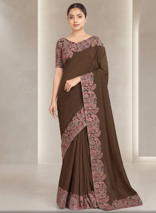 Rich Coffee Brown Paisley Printed Ethnic Saree