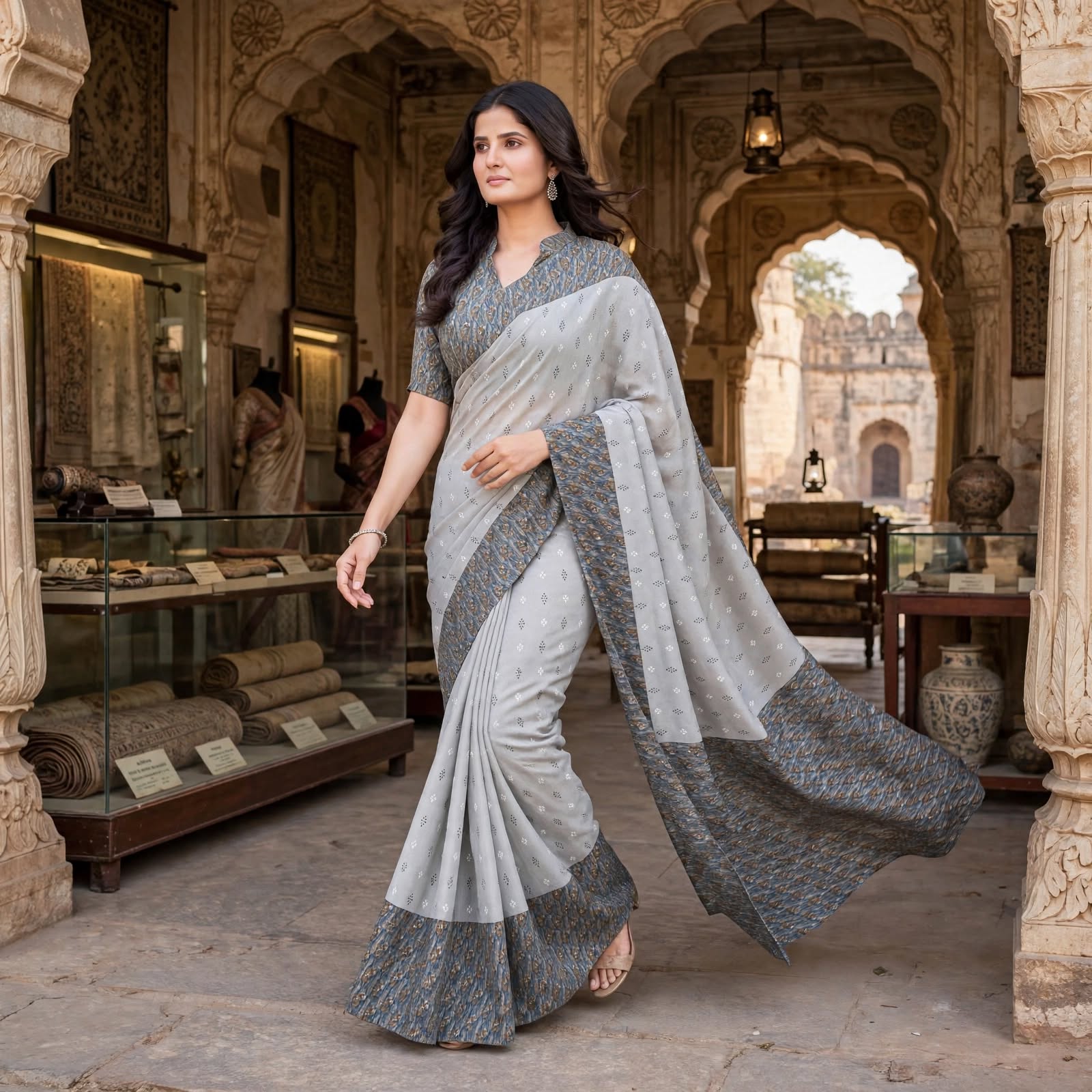Chic Light Grey & Charcoal Printed Festive Saree