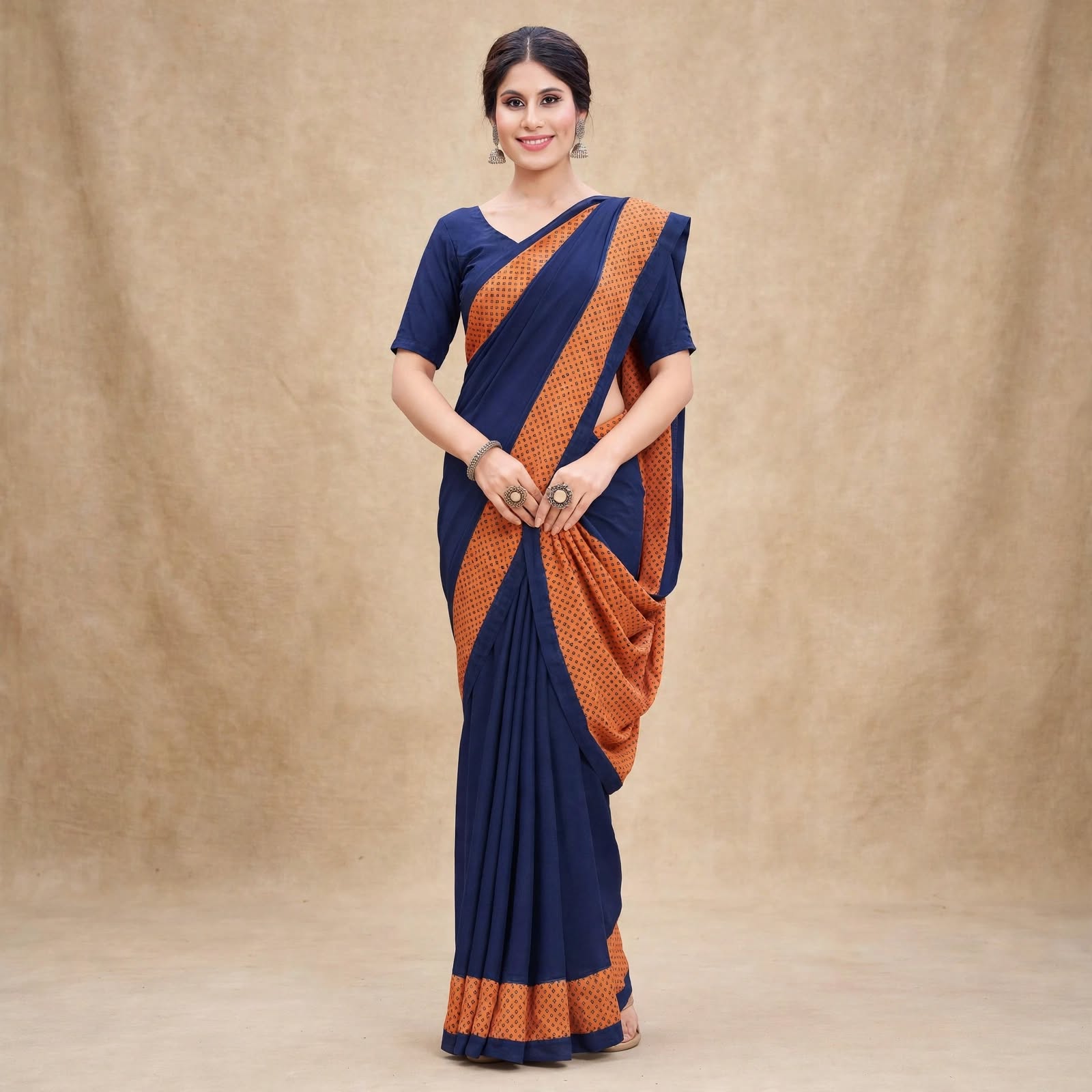 Classic Navy Blue Saree with Orange Contrast Border