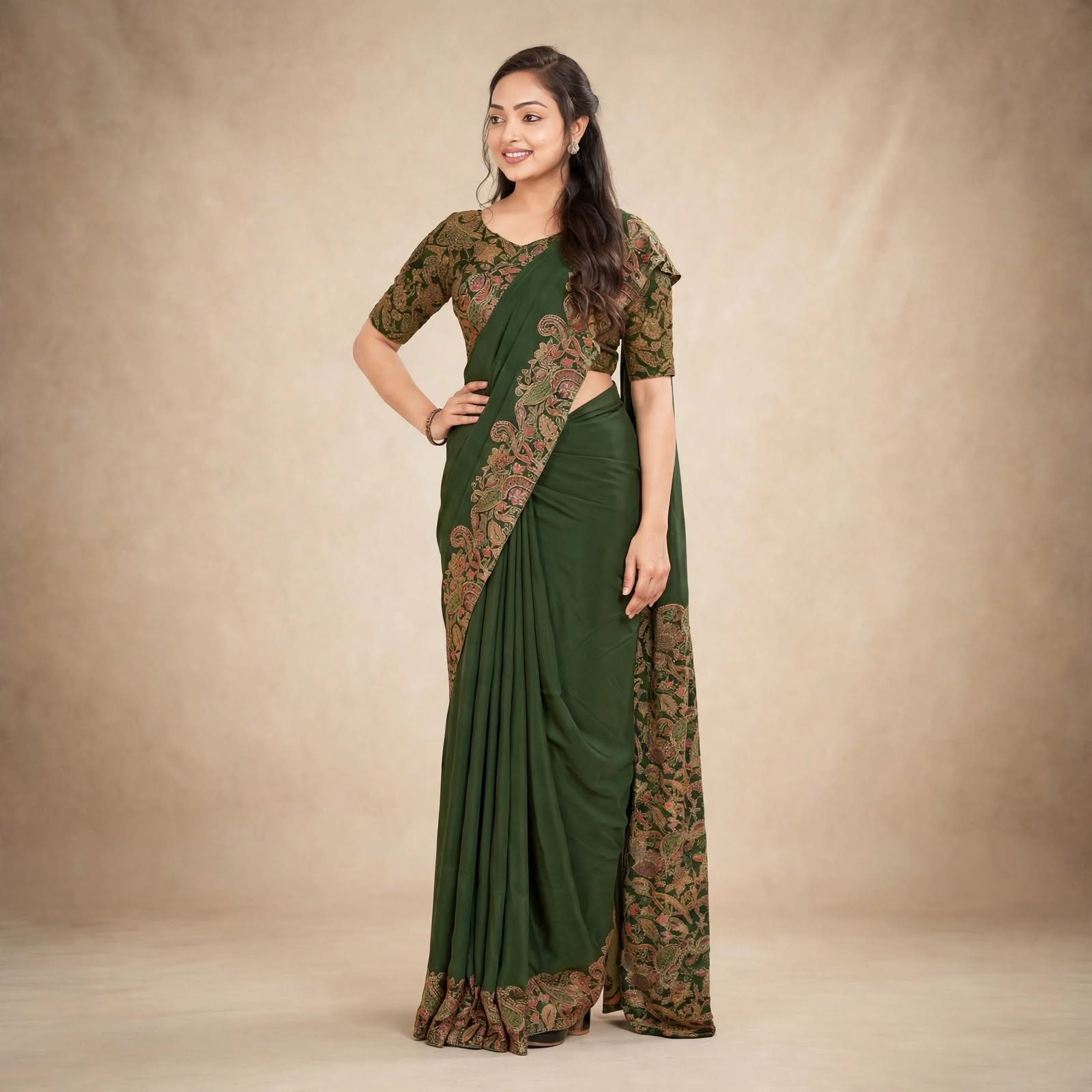 Deep Olive Green Paisley Printed Designer Saree