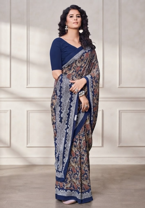 Royal Blue & Silver Printed Traditional Saree