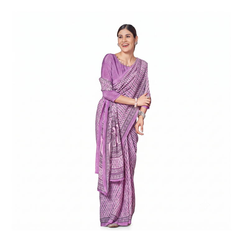 Soft Lavender Geometric & Floral Print Saree
