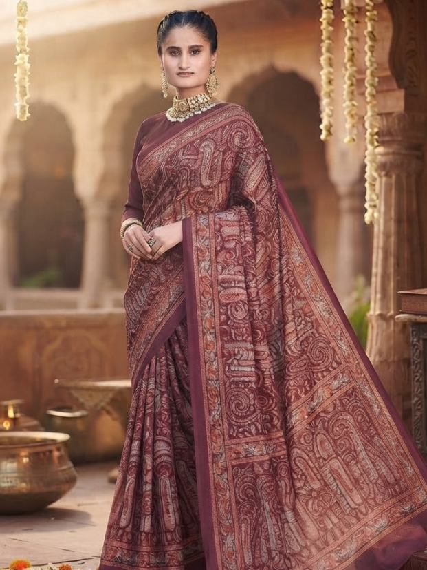 Deep Maroon & Red Traditional Paisley Printed Saree