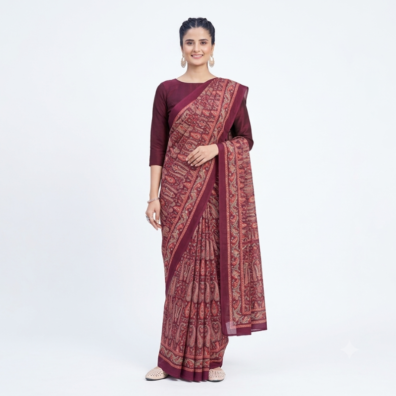 Deep Maroon & Red Traditional Paisley Printed Saree