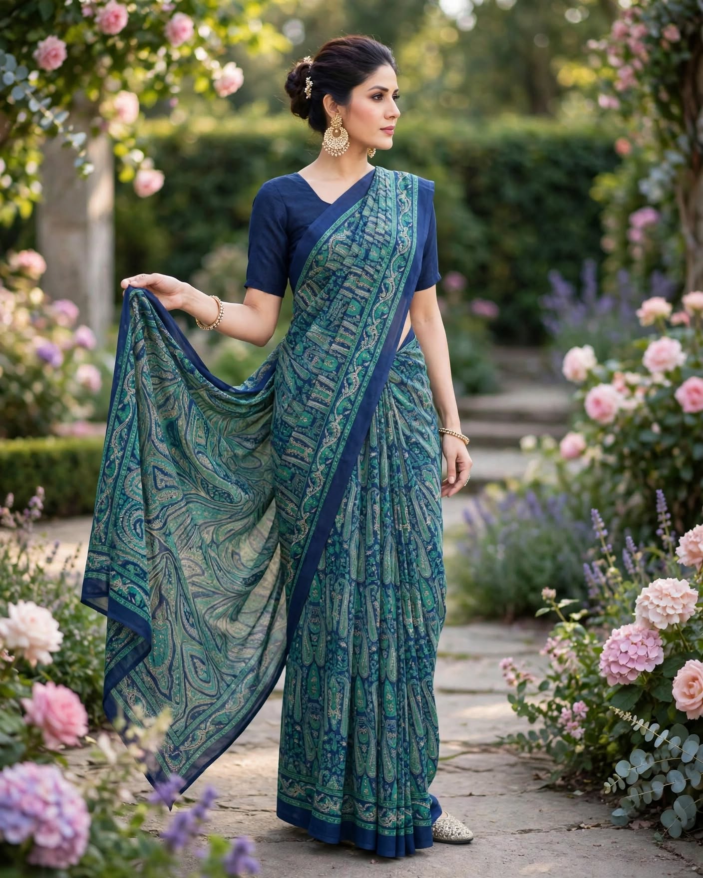 Rich Teal Blue and Green Printed Saree with Blouse Piece