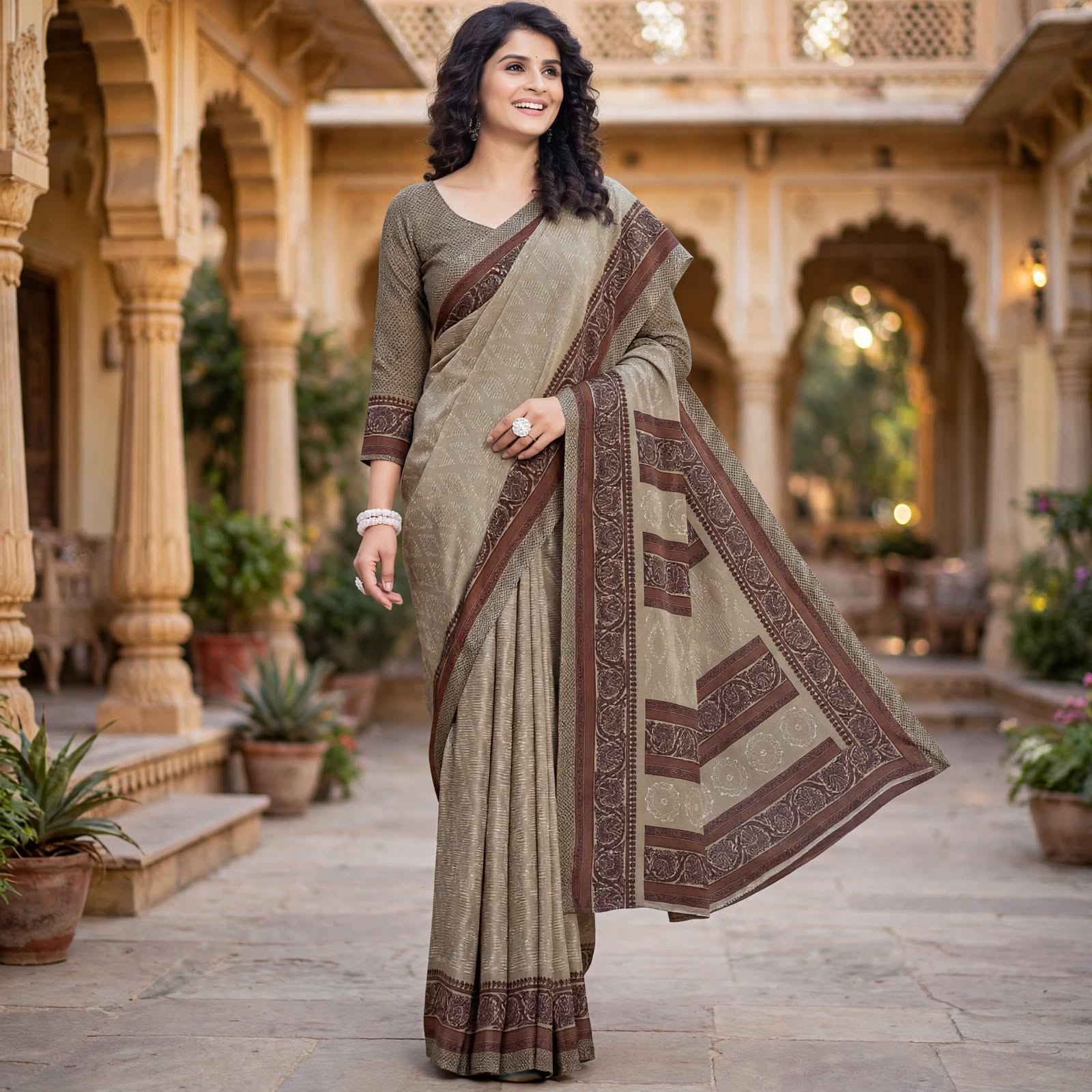 Classic Beige and Brown Printed Traditional Saree