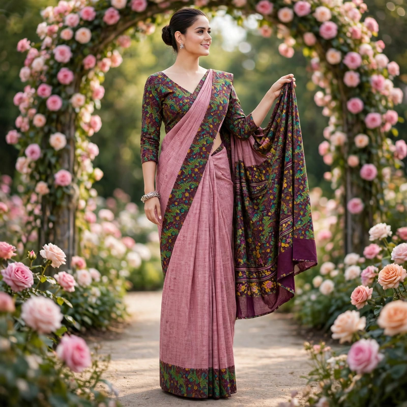 Charming Pink Printed Saree with Dark Contrast Border