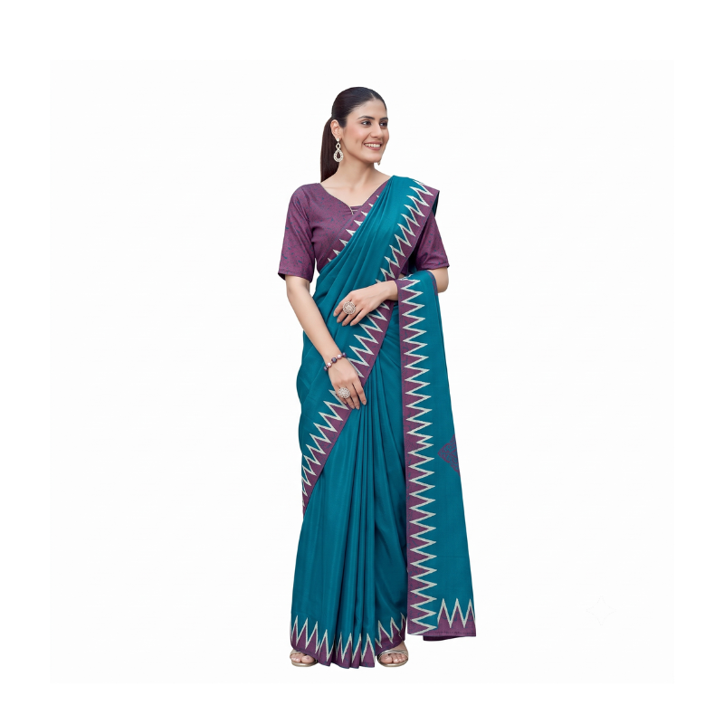 Vibrant Turquoise Blue Zig-Zag Patterned Saree