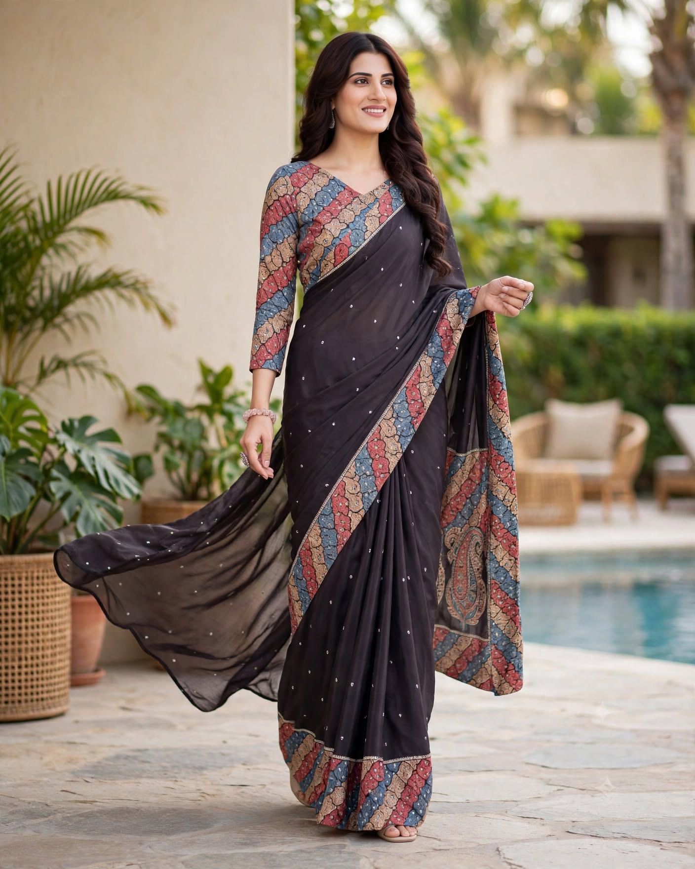 Sophisticated Dark Grey Paisley Printed Saree