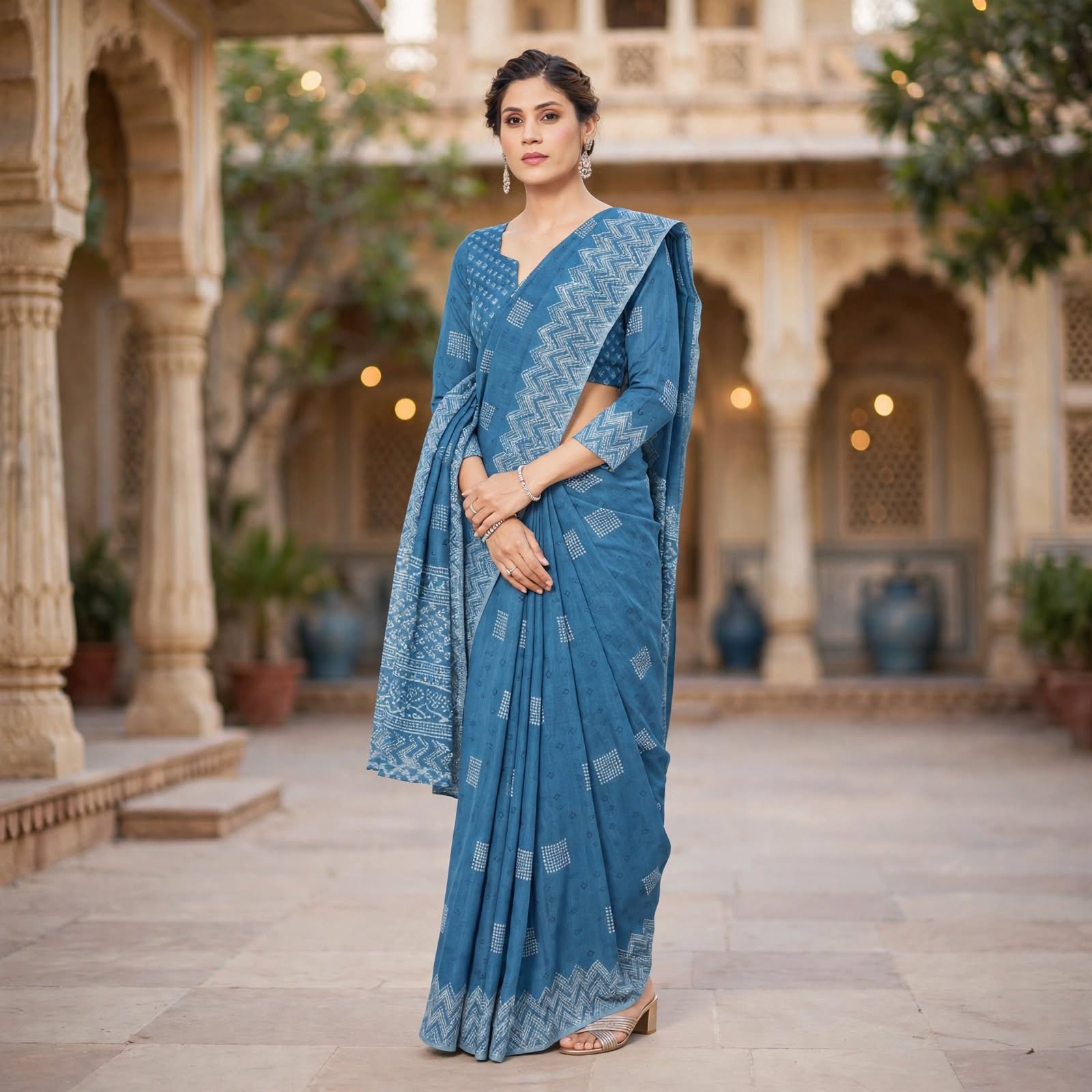 Classic Blue Geometric Printed Handloom-Style Saree