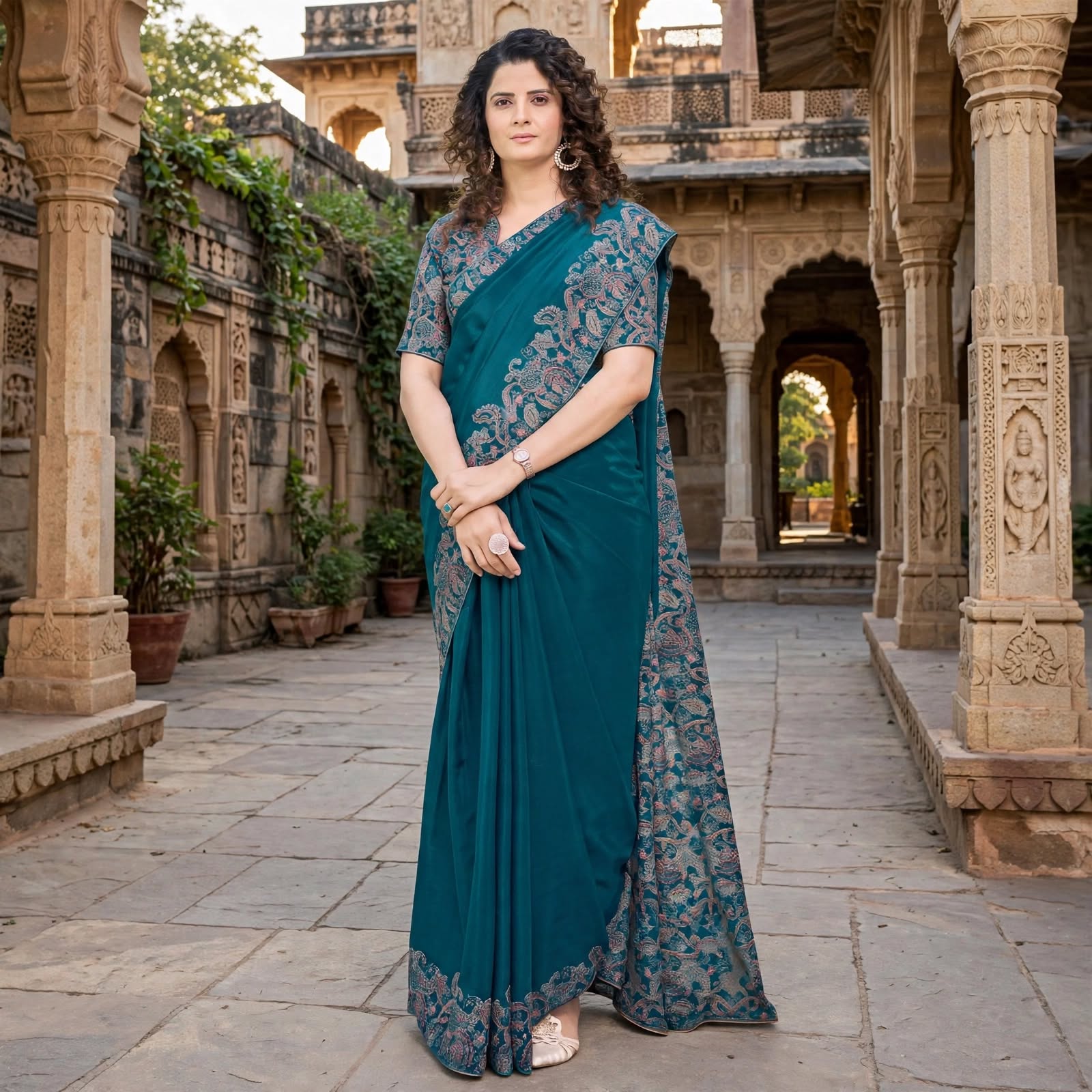 Luxurious Deep Teal Floral Printed Designer Saree