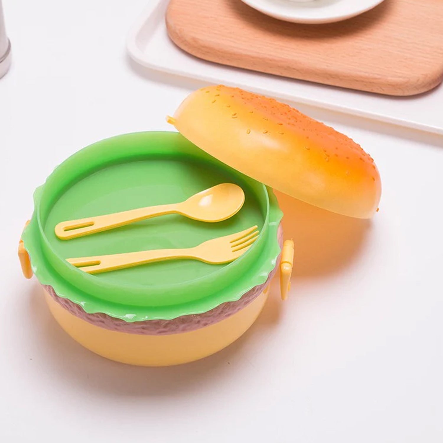 Burger Shape Lunch Box – Double Layer 1000ml Food Container with 2 Spoons for Kids