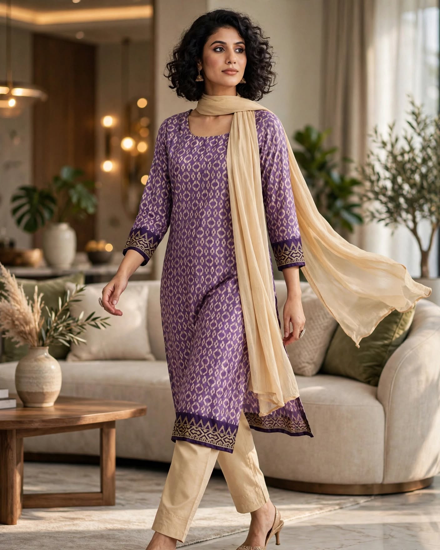 Purple Cotton Printed Unstitched Salwar Kameez with Beige Dupatta
