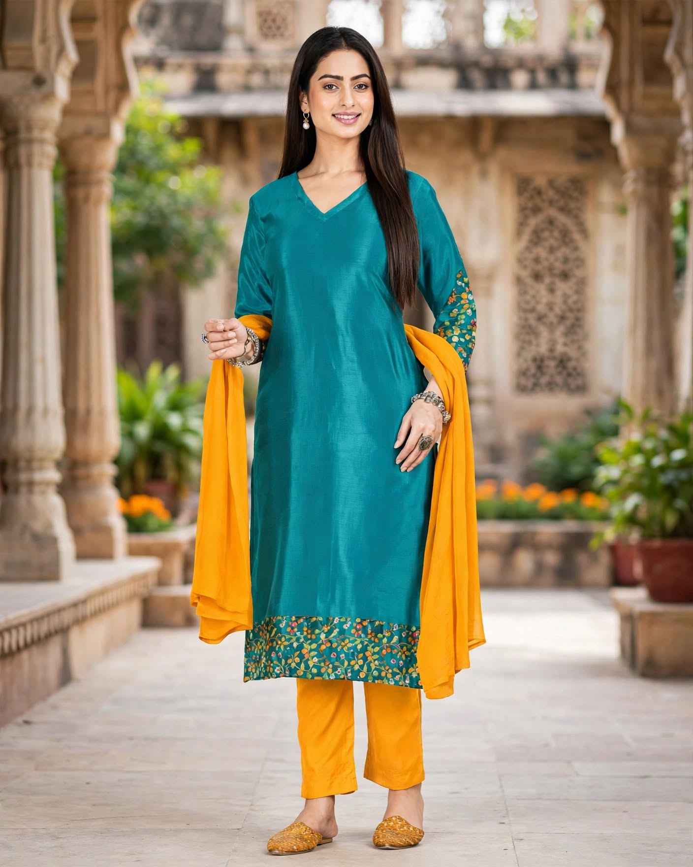 Unstitched Teal & Mustard Silk Salwar Kameez with Floral Embroidery-Dress Material