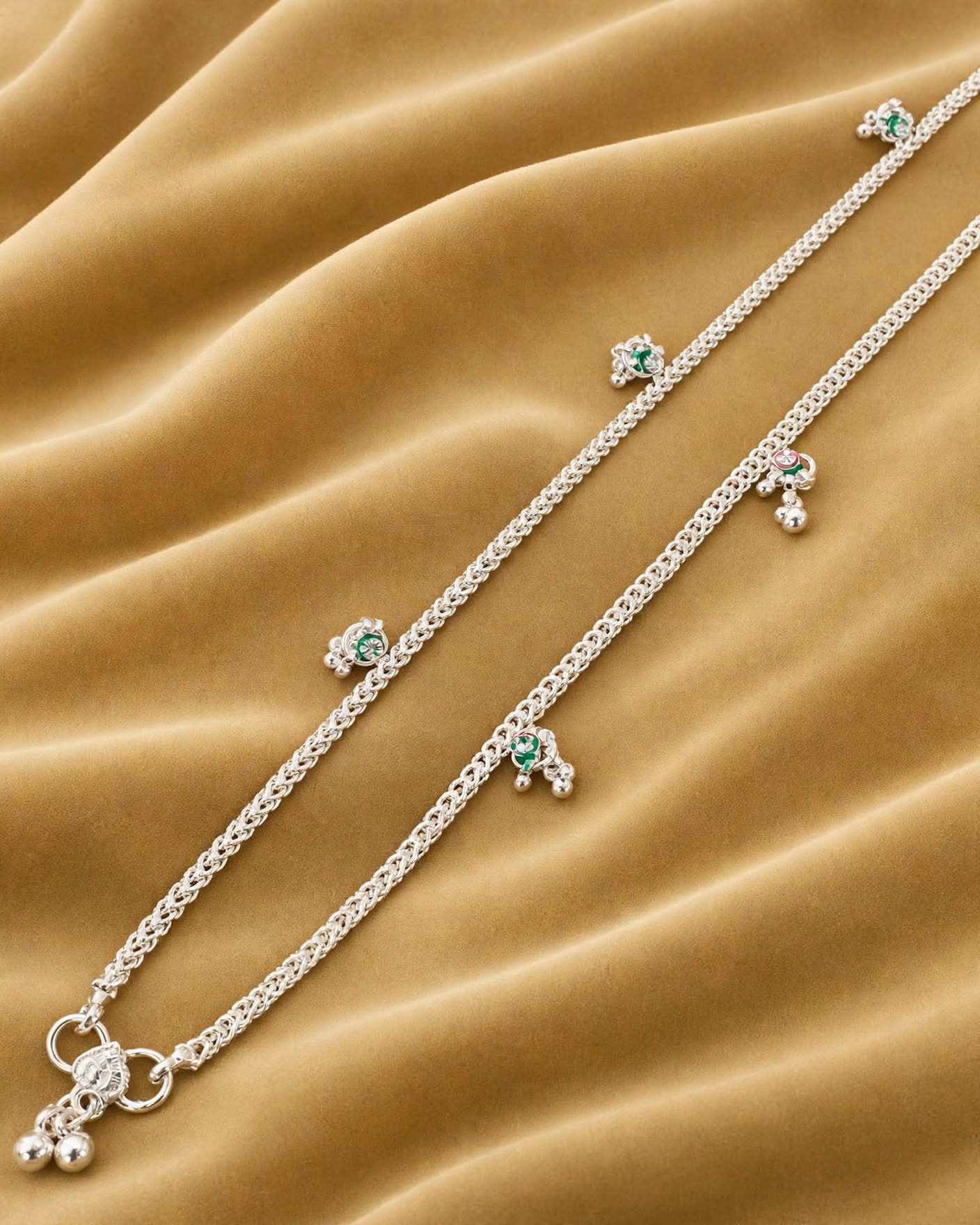 Silver Plated Traditional Mangalsutra with Green Stone and Pearl Drops